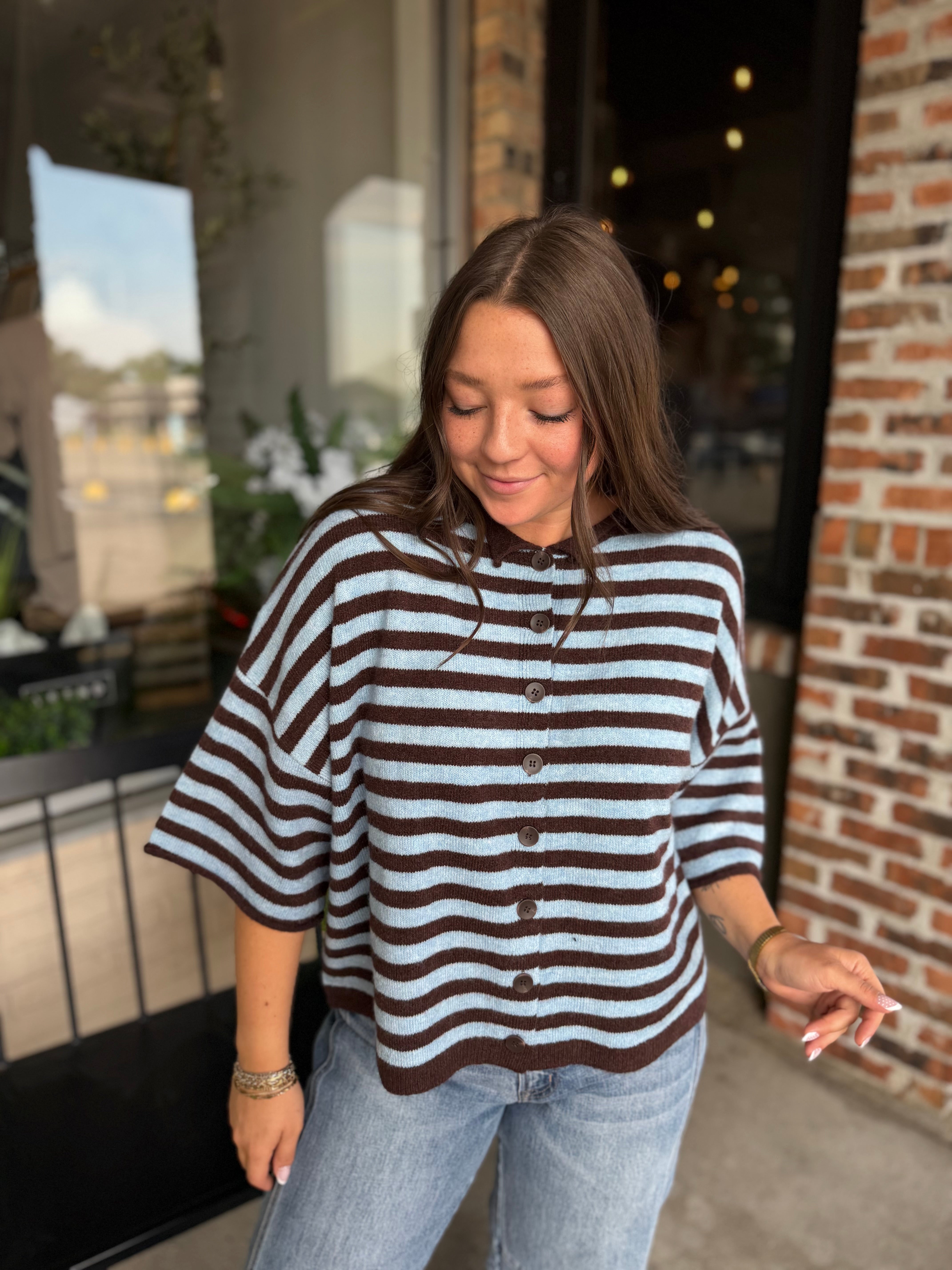 Brown Stripe Short Sleeve Cardi