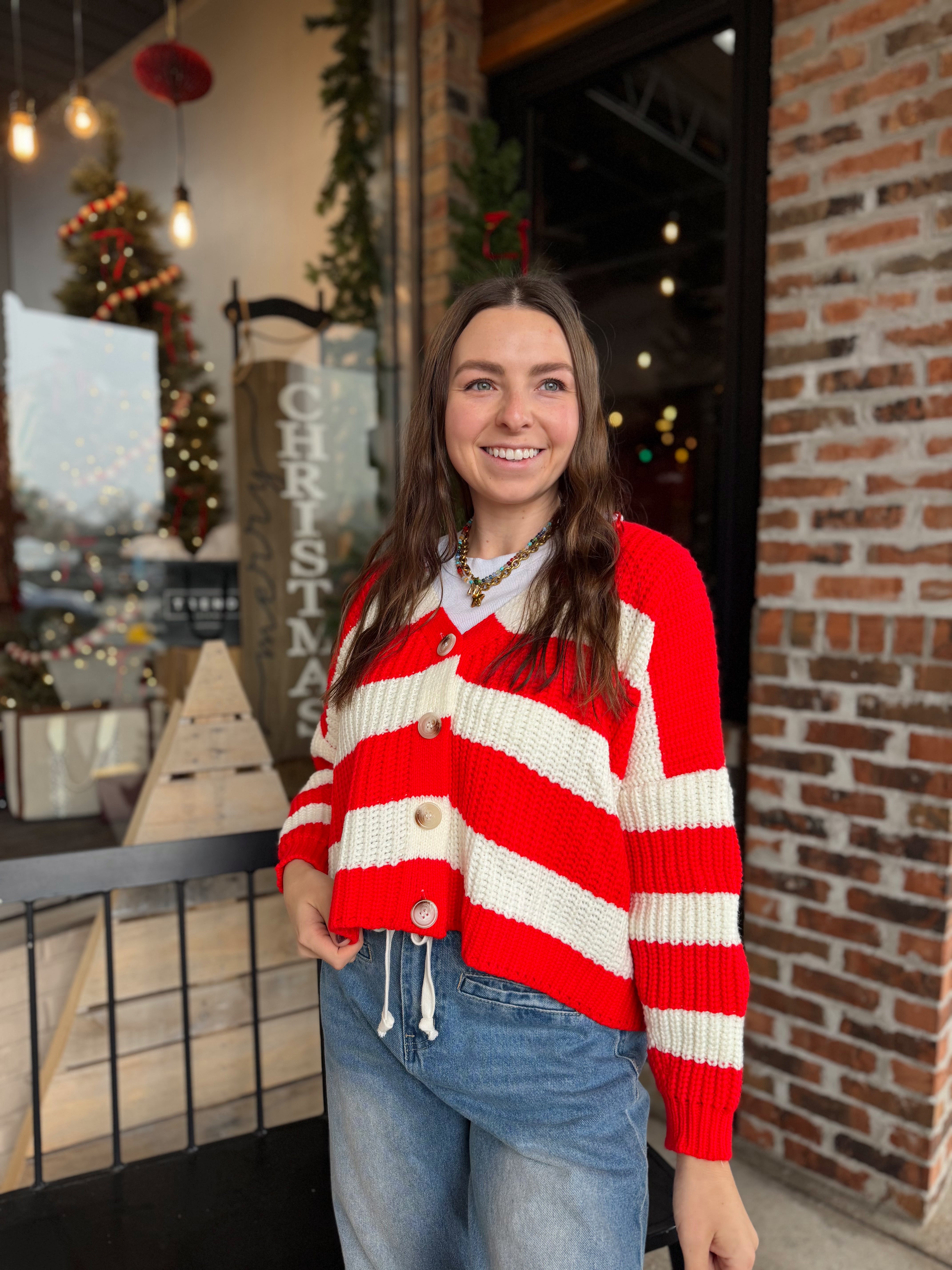 Red Striped V-Neck Cardigan with Buttons