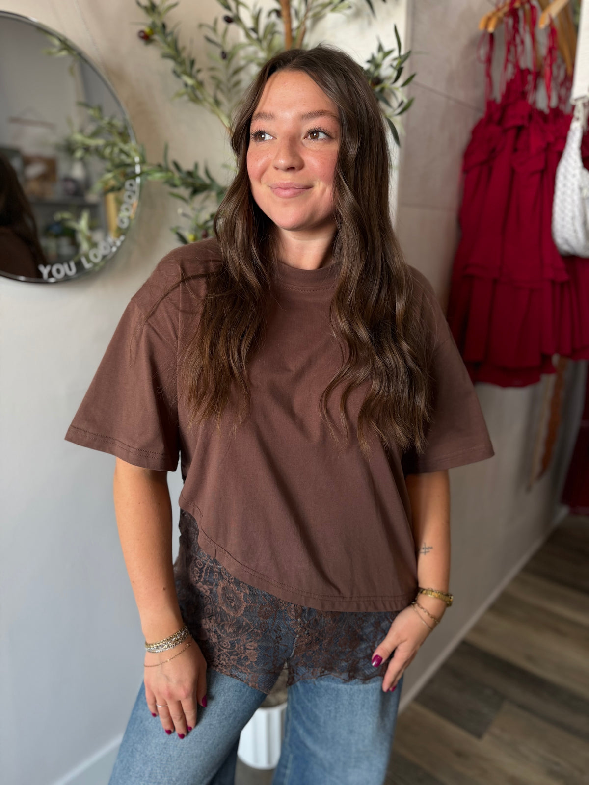 Brown Lace Trimmed T-Shirt