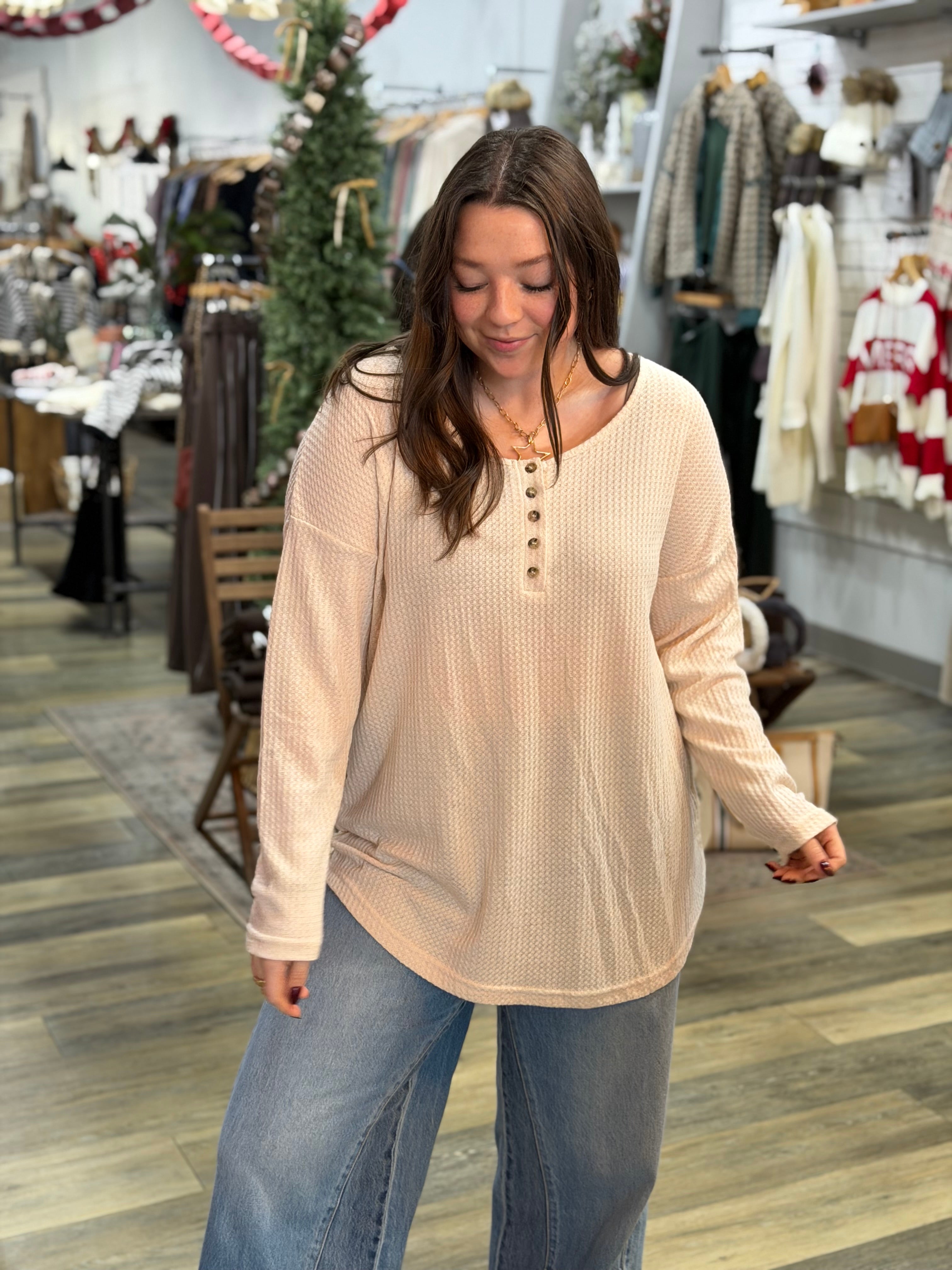 Natural Button Waffle Top - FINAL SALE
