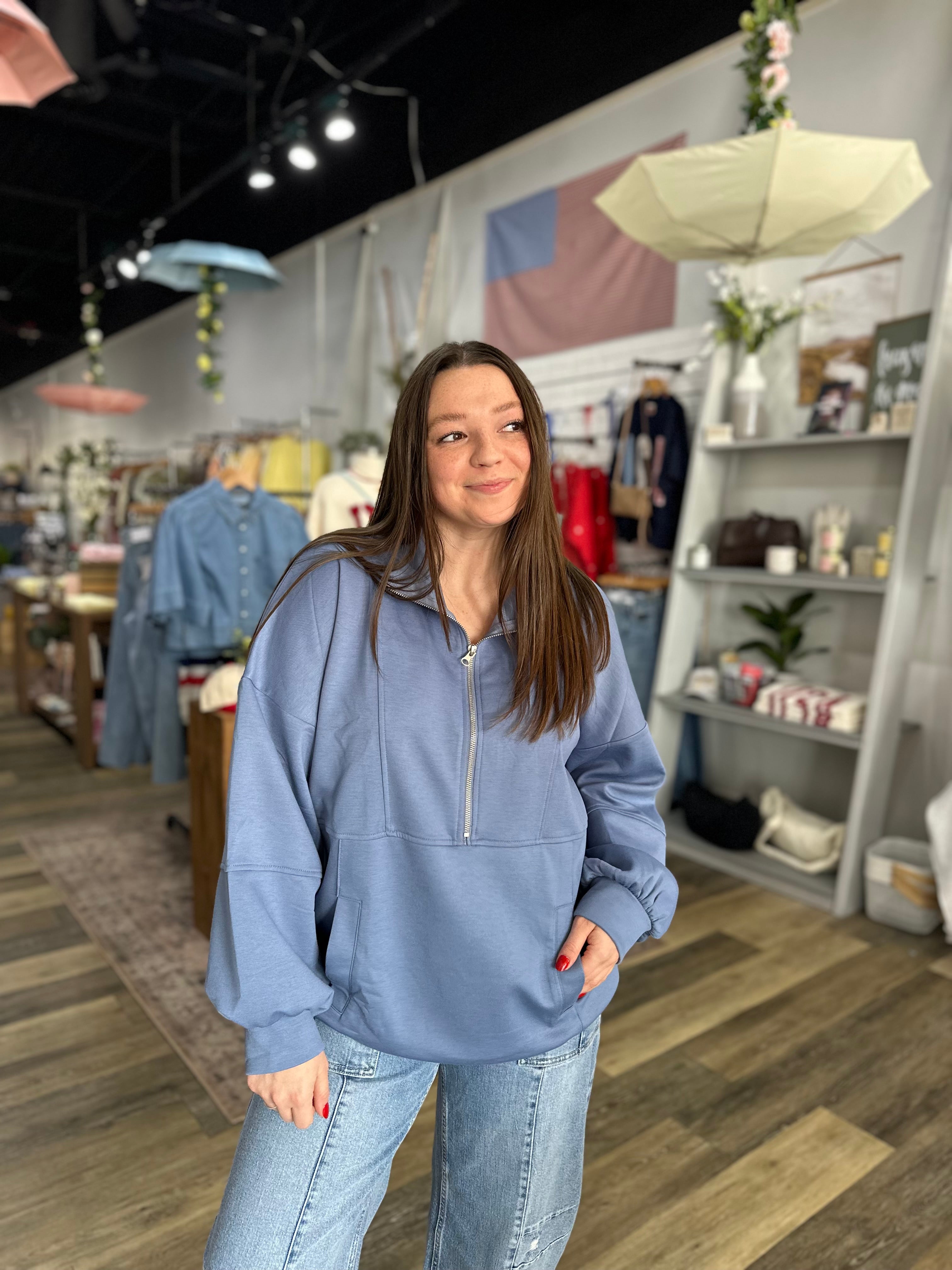 Blue Half Zip Oversized Top
