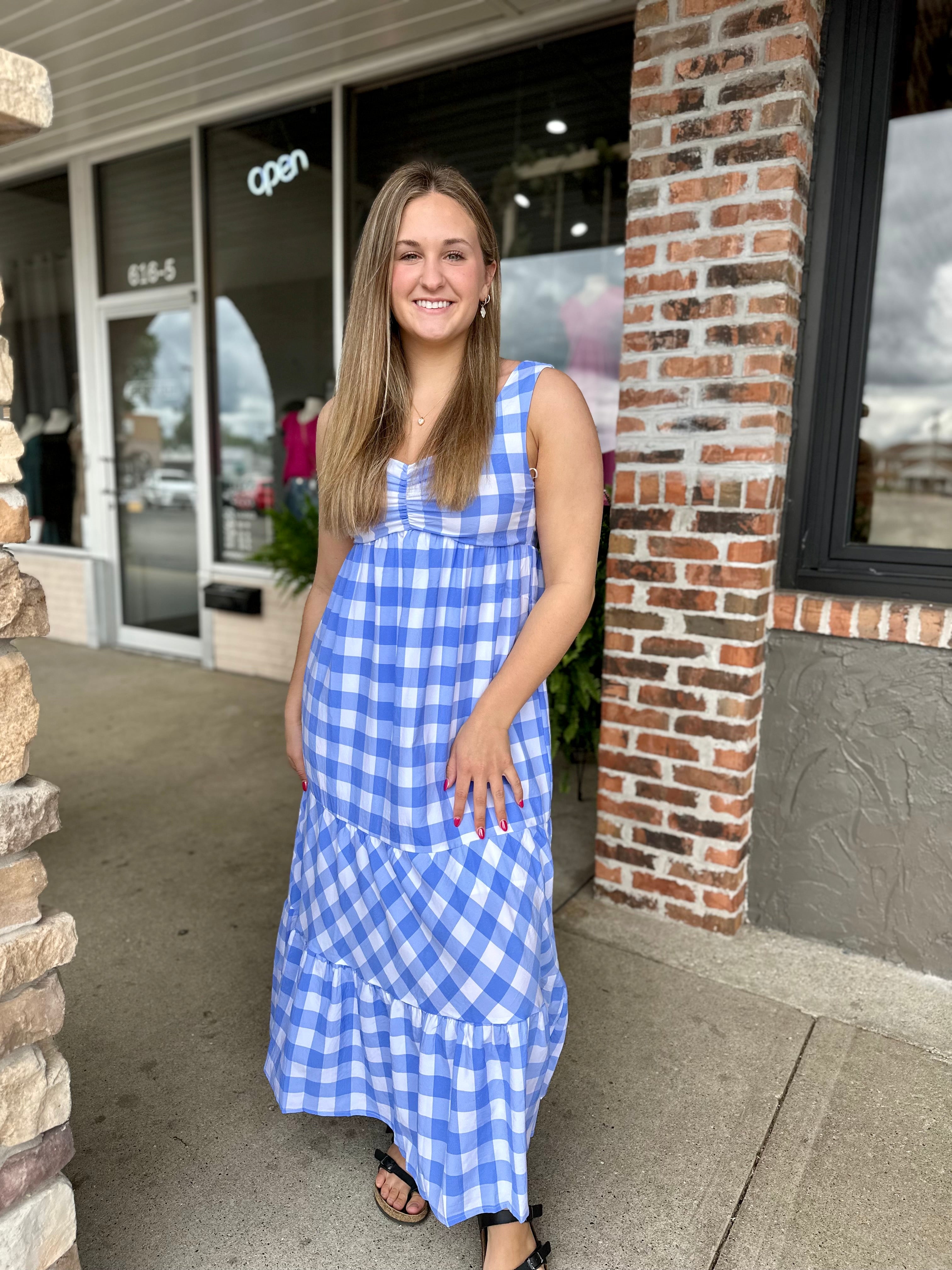 Blue Gingham Midi Dress