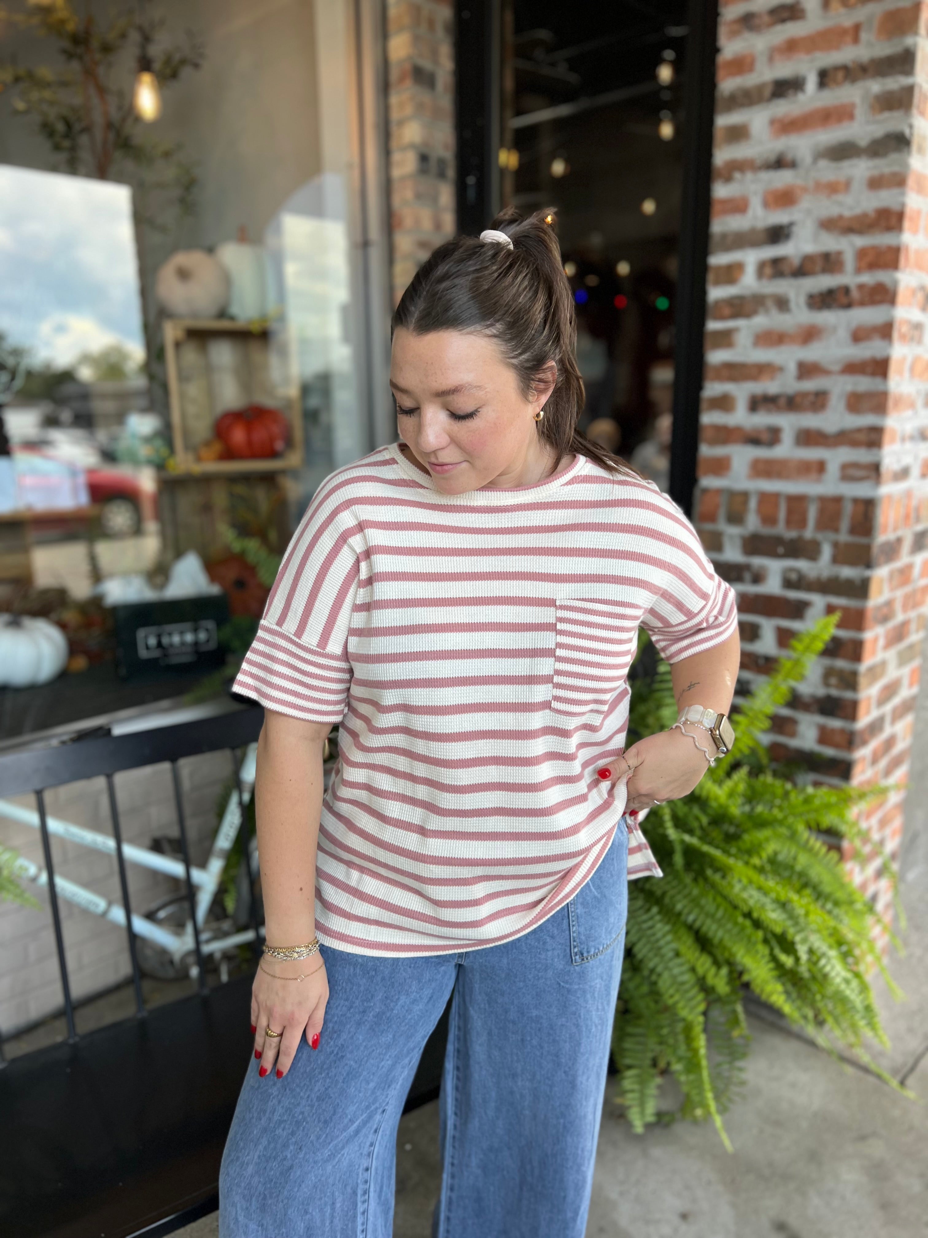 Mauve Waffle Stripe Top