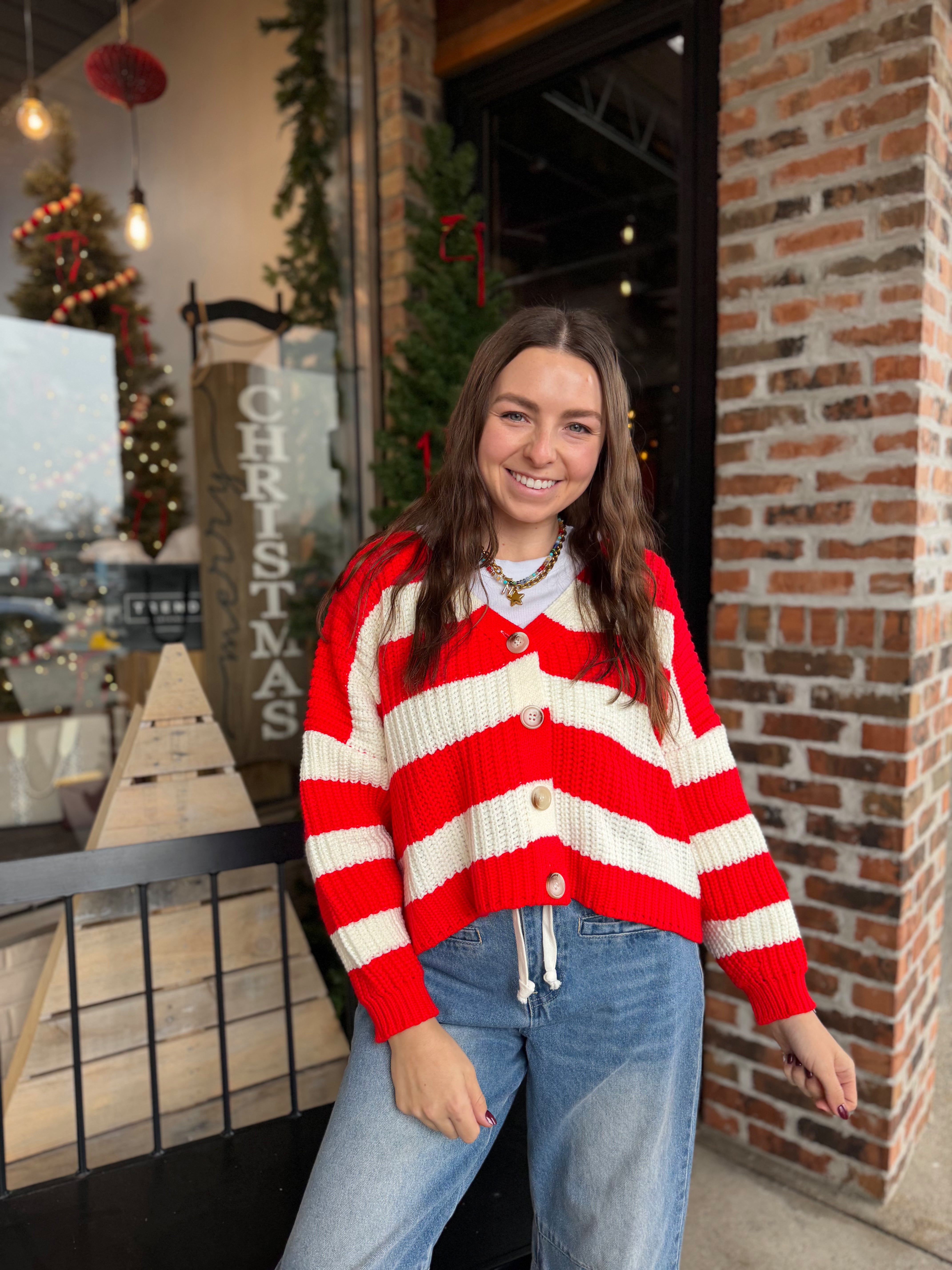 Red Striped V-Neck Cardigan with Buttons