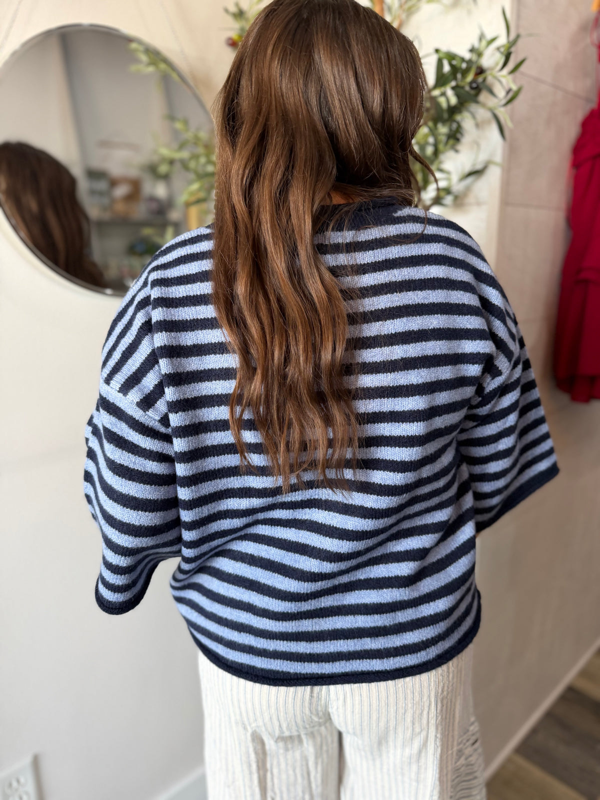 Navy Striped Quarter Sleeve Cardigan