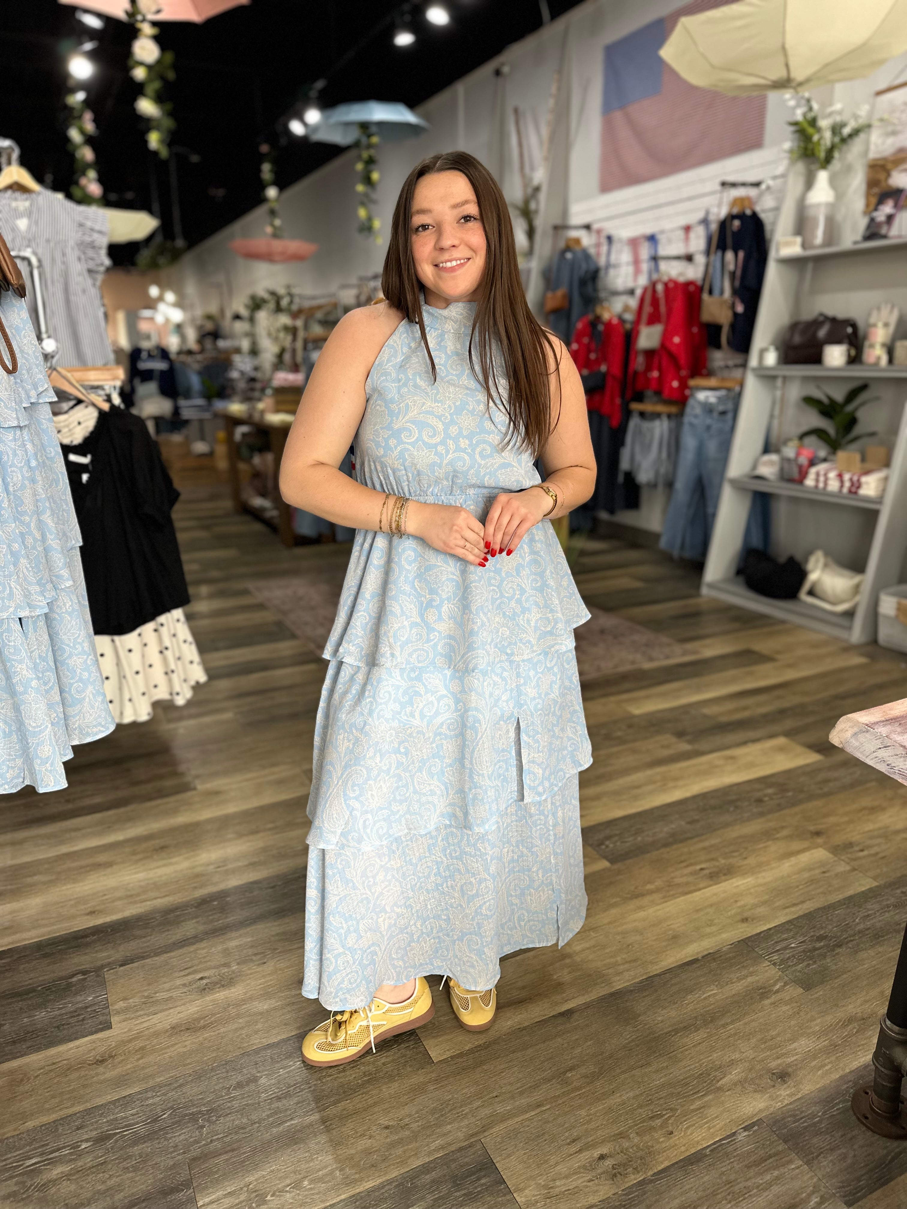 Blue Paisley Ruffle Tiered Midi Dress
