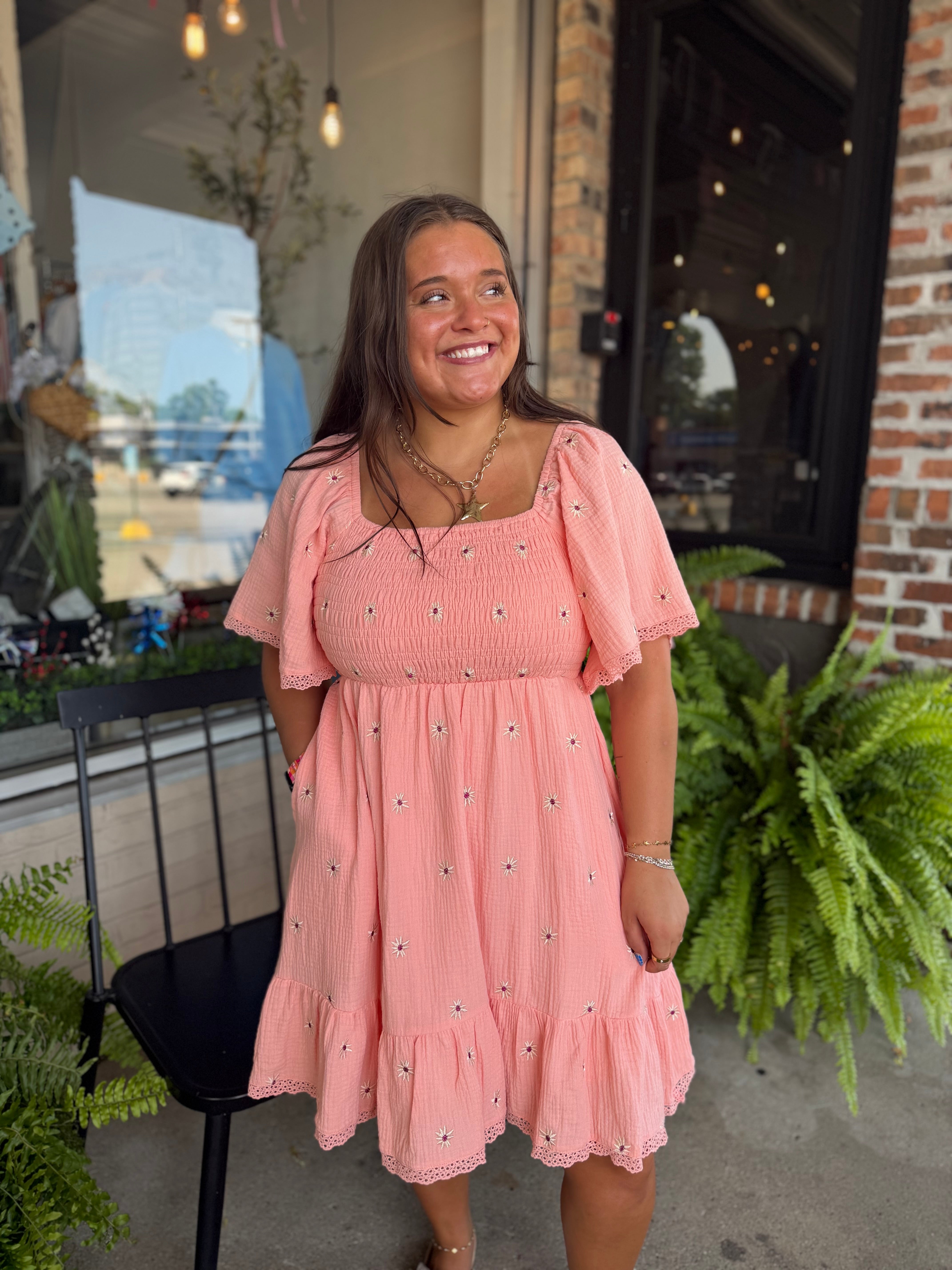 Pink Gauze Floral Embroidered Dress