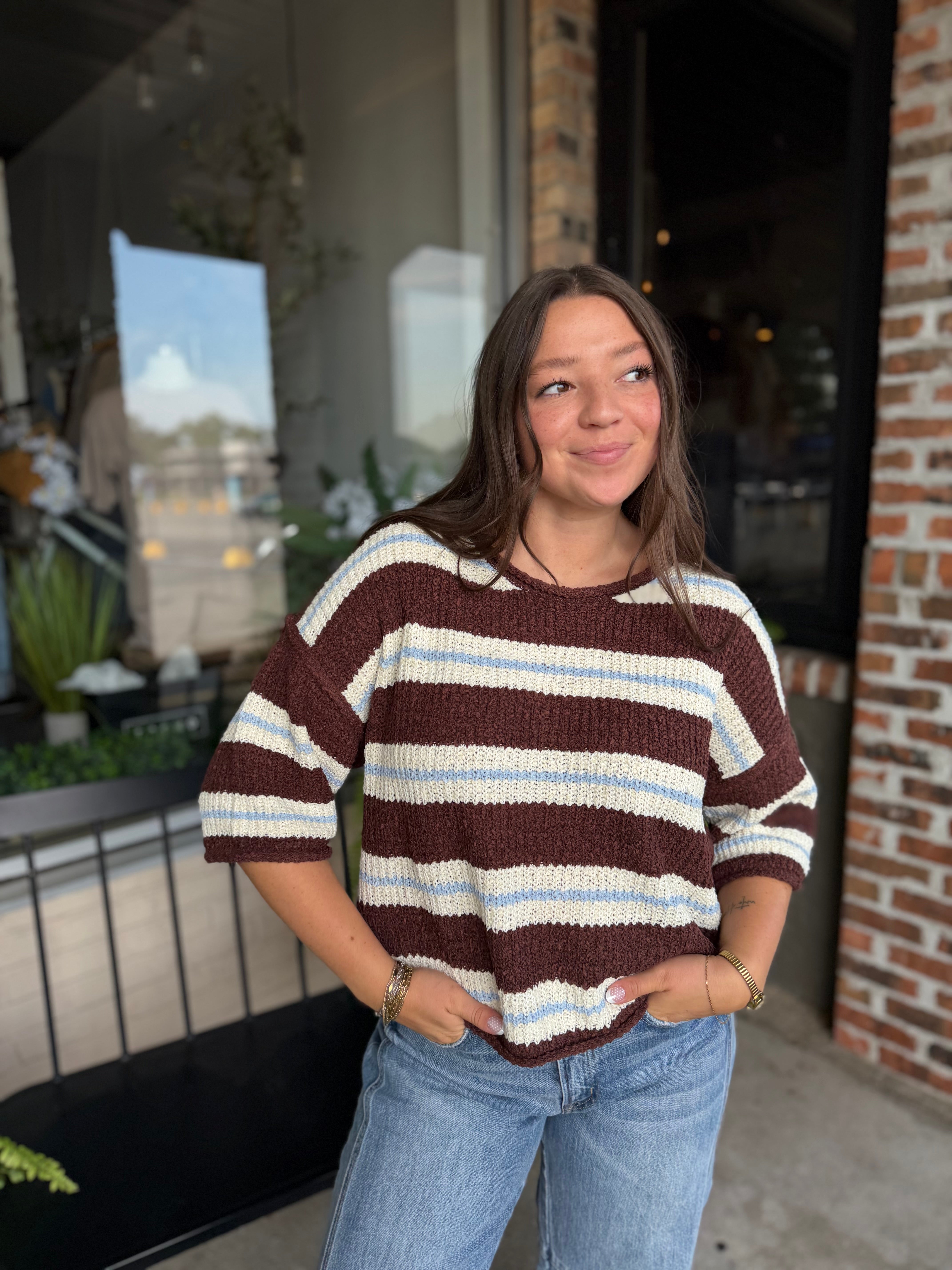 Brown Blue 3/4 Sleeve Striped Sweater