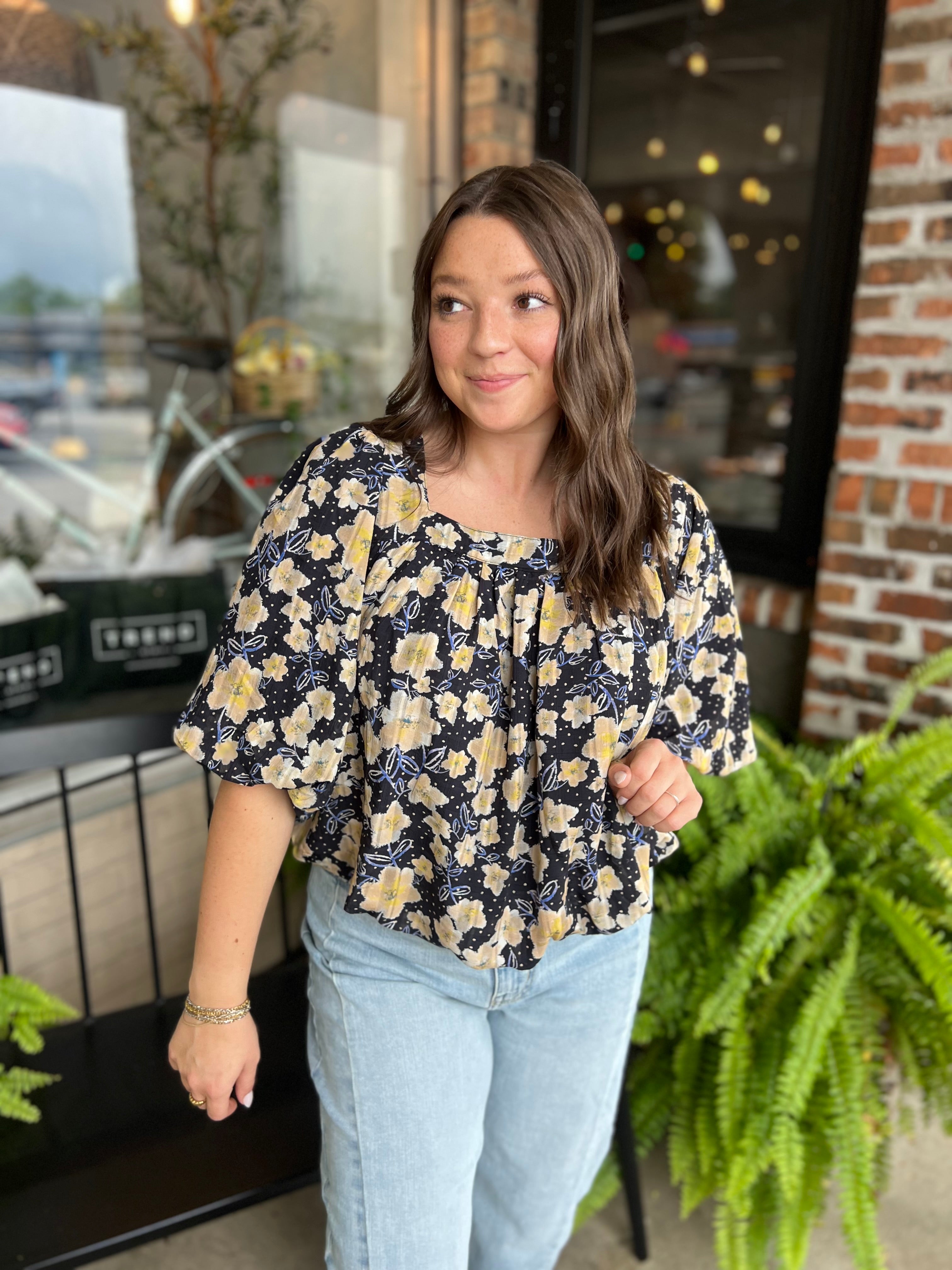 Yellow Floral Square Neck Blouse