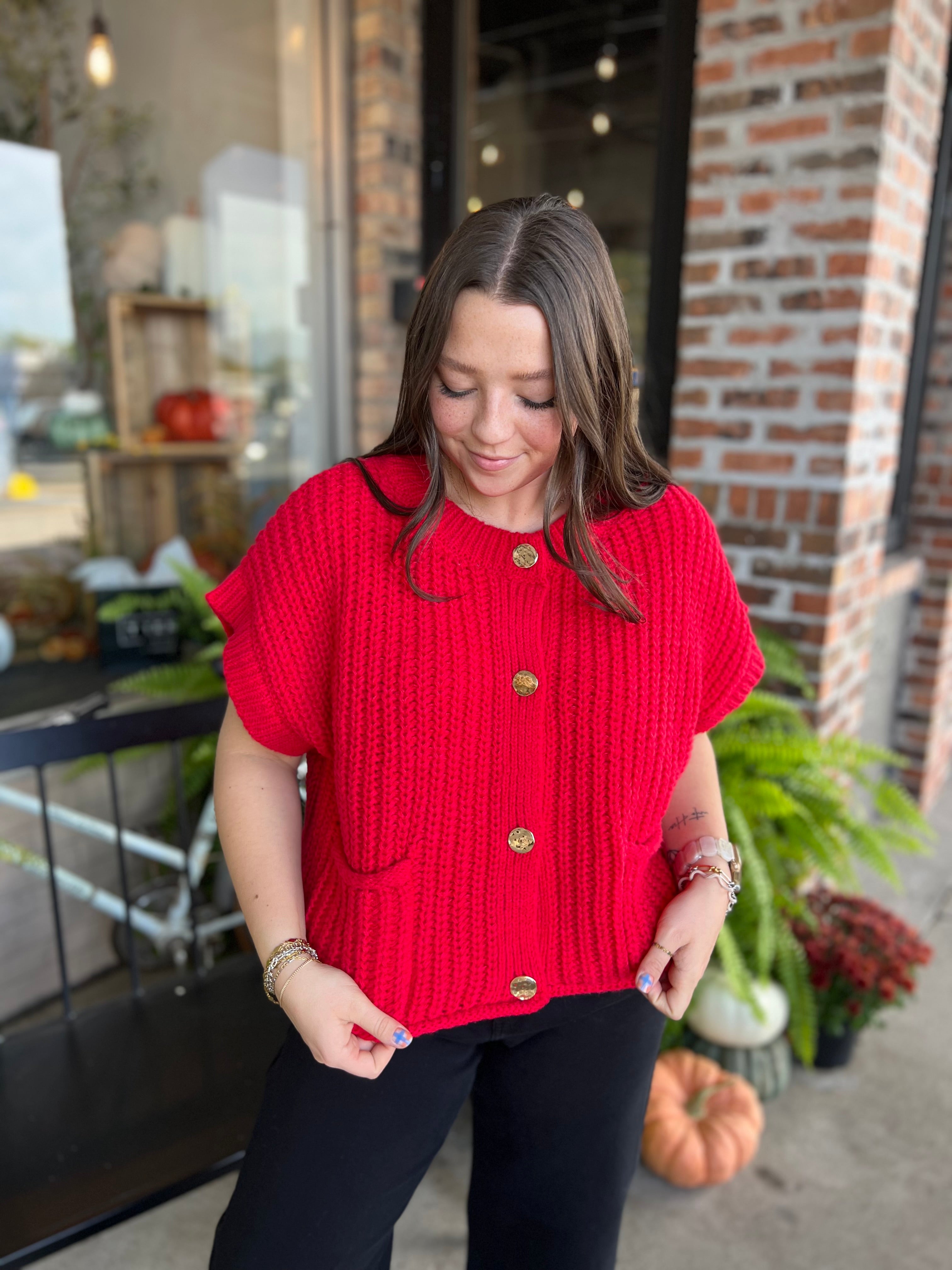 Red Oversized Button Down Knit Sweater Top