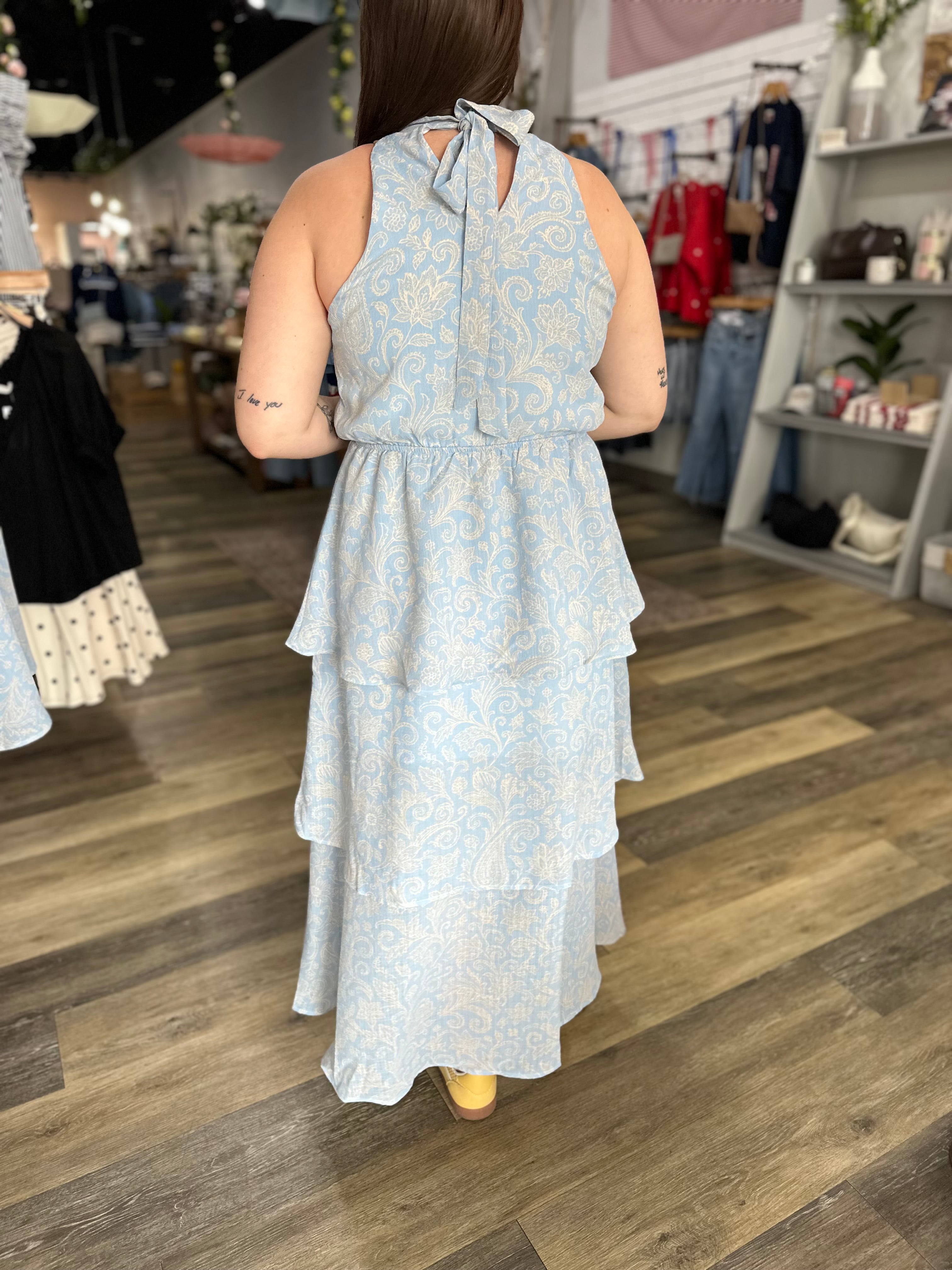 Blue Paisley Ruffle Tiered Midi Dress