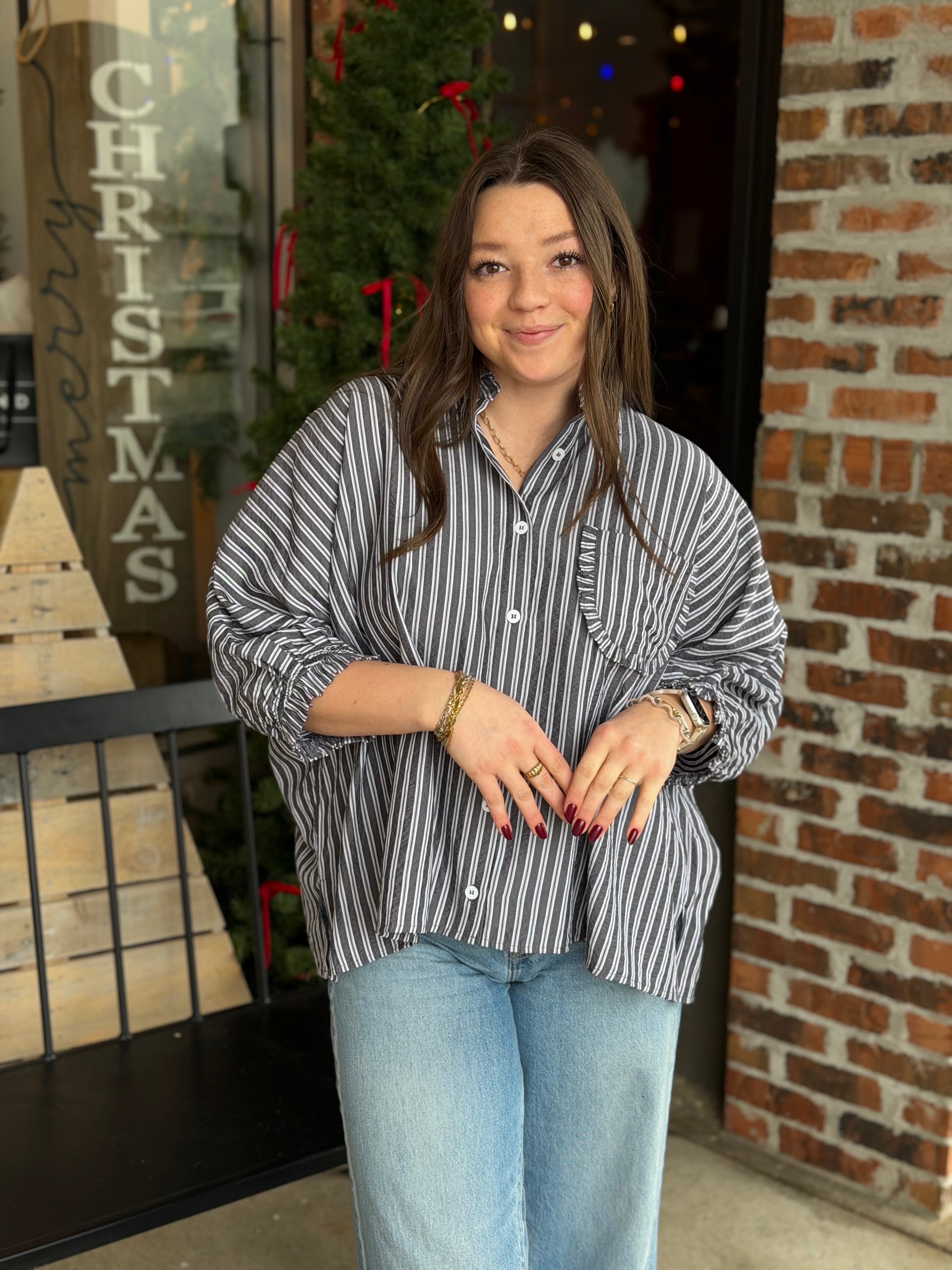 Black Striped Button Down Oversized Shirt - FINAL SALE