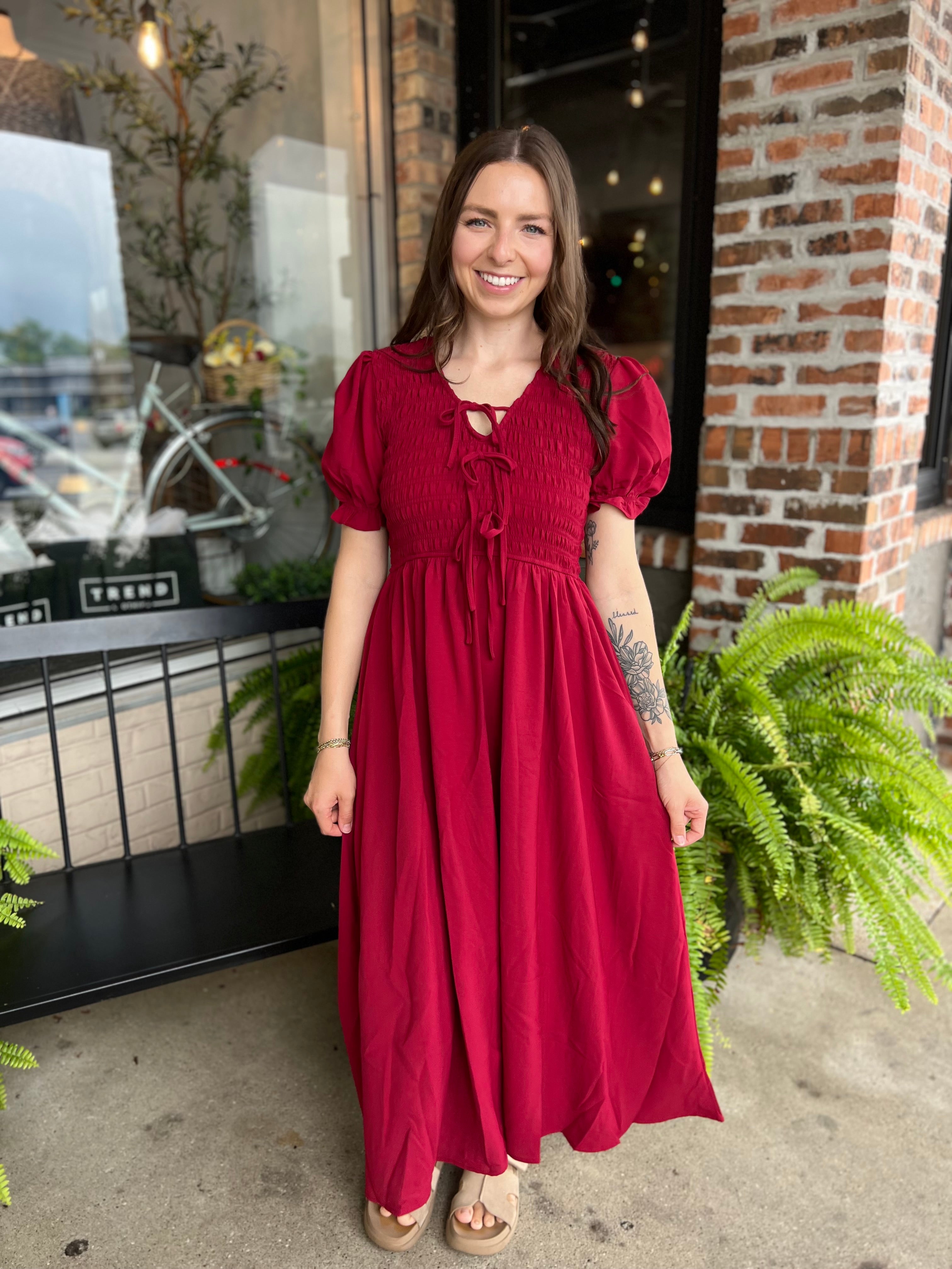 Deep Red Front Tie Midi Dress