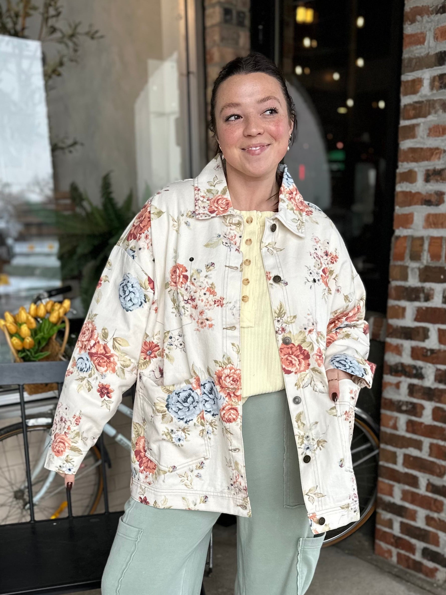 Khaki Floral Denim Jacket