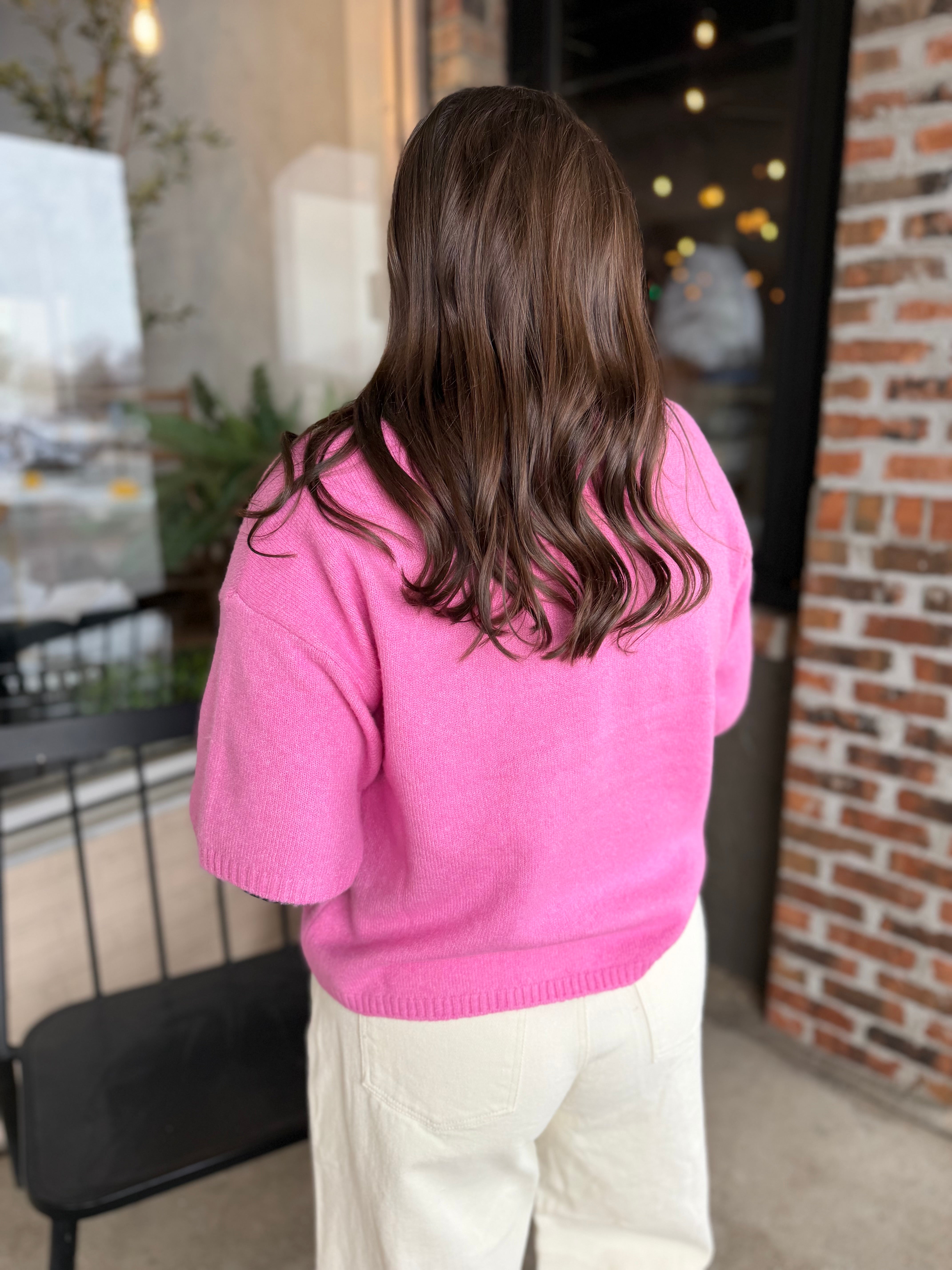 Pink Boxy Short Sleeve Sweater