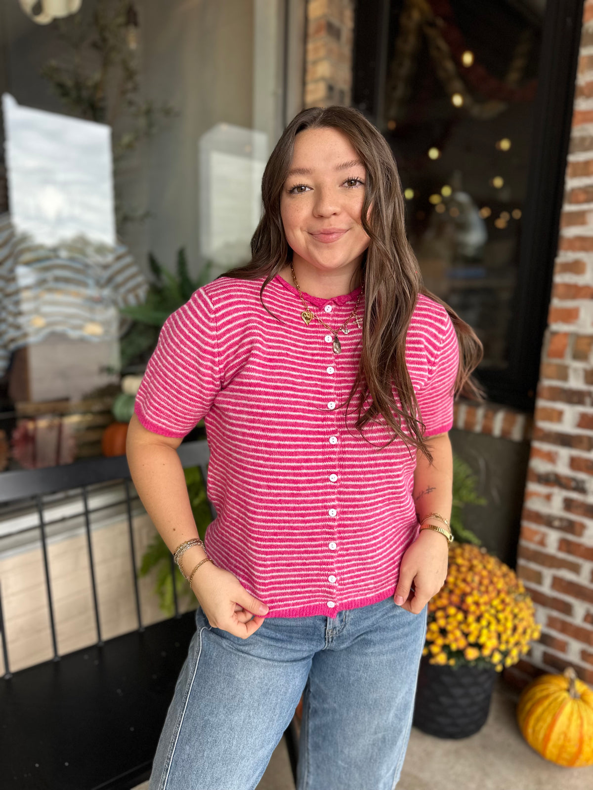 Pink Striped Short Sleeve Button Cardigan