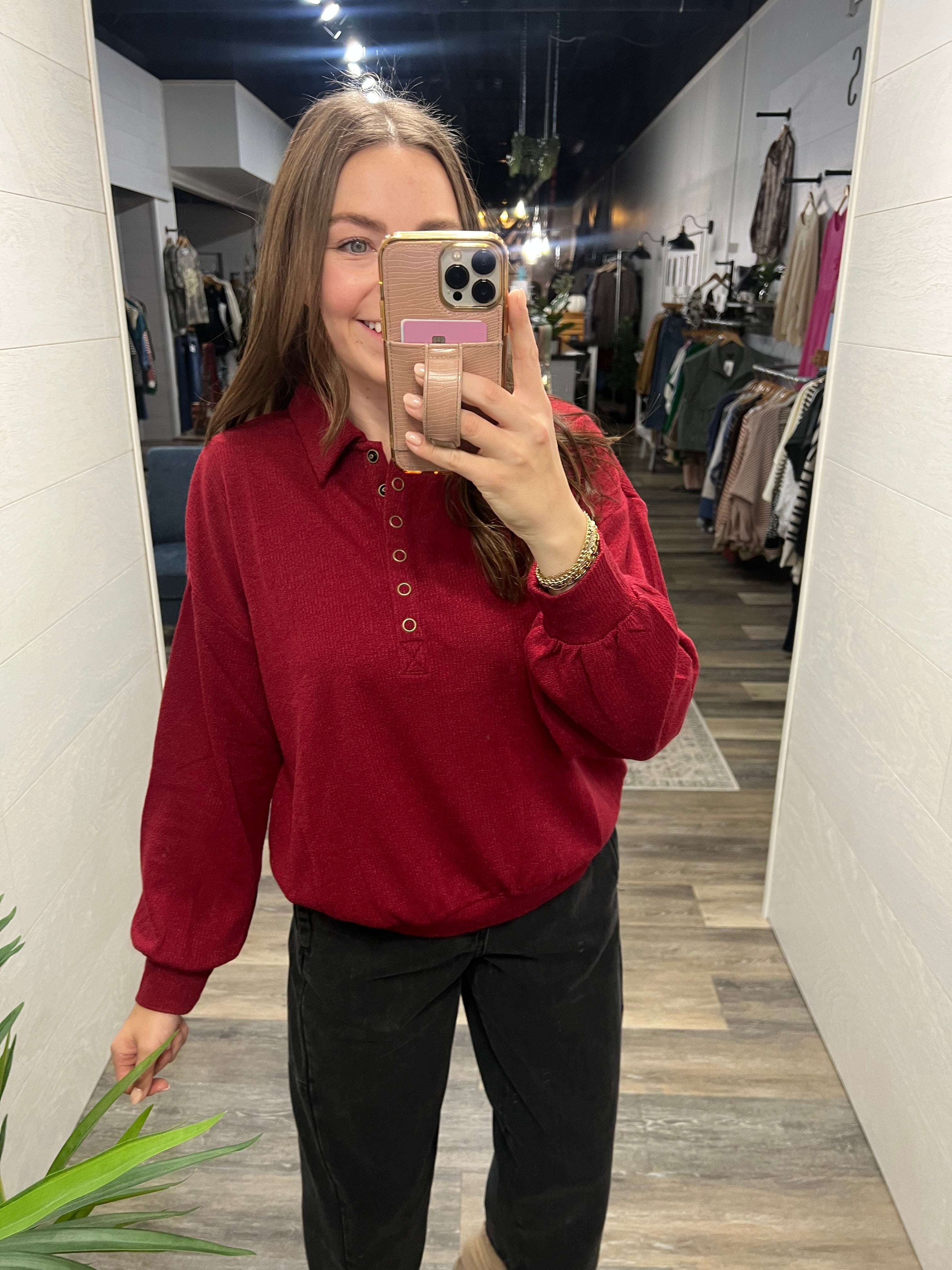 Red Half Snap Collared Top