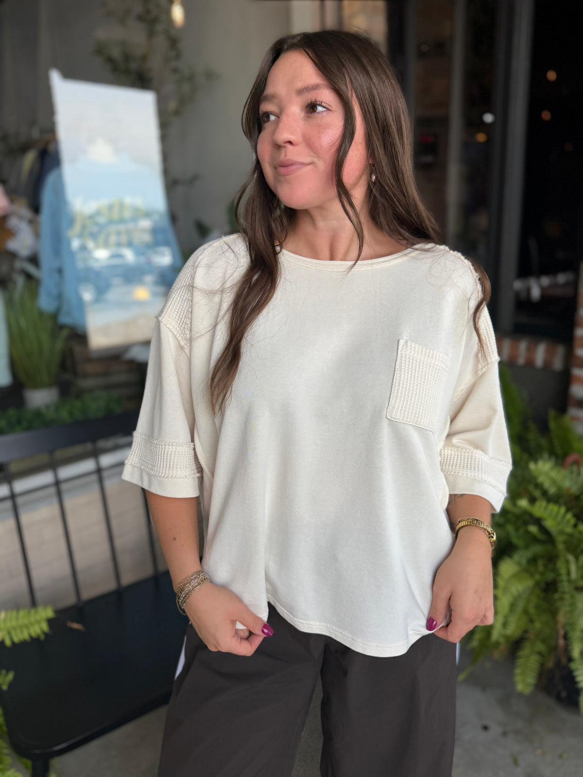 Cream Waffle Detail Washed Top