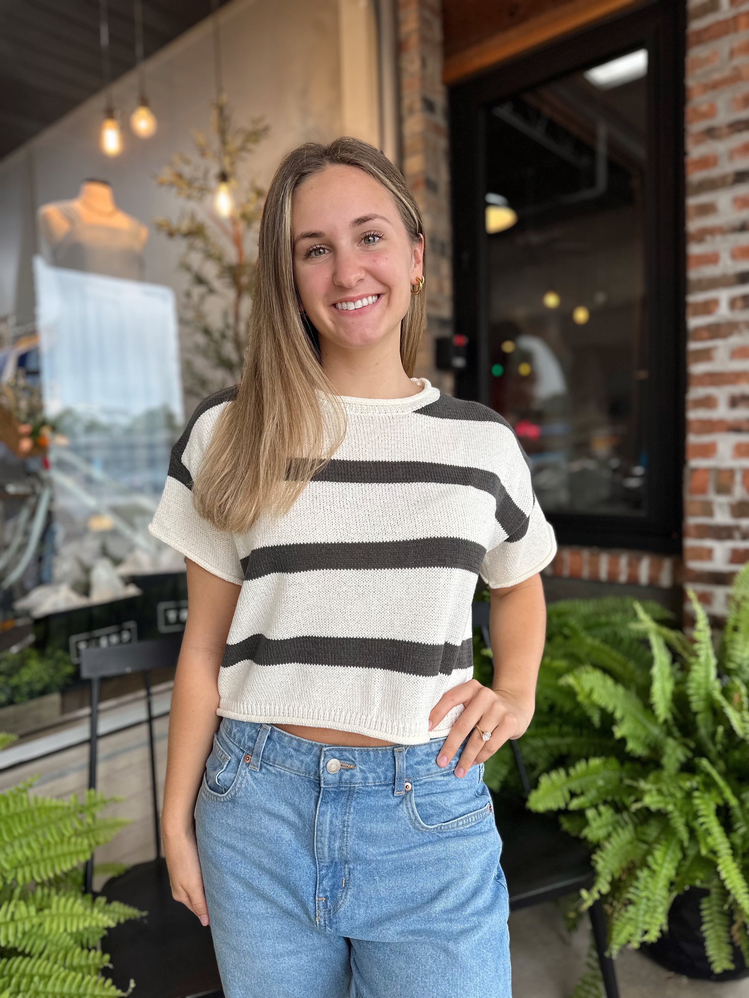 Grey Stripe Boxy Sweater