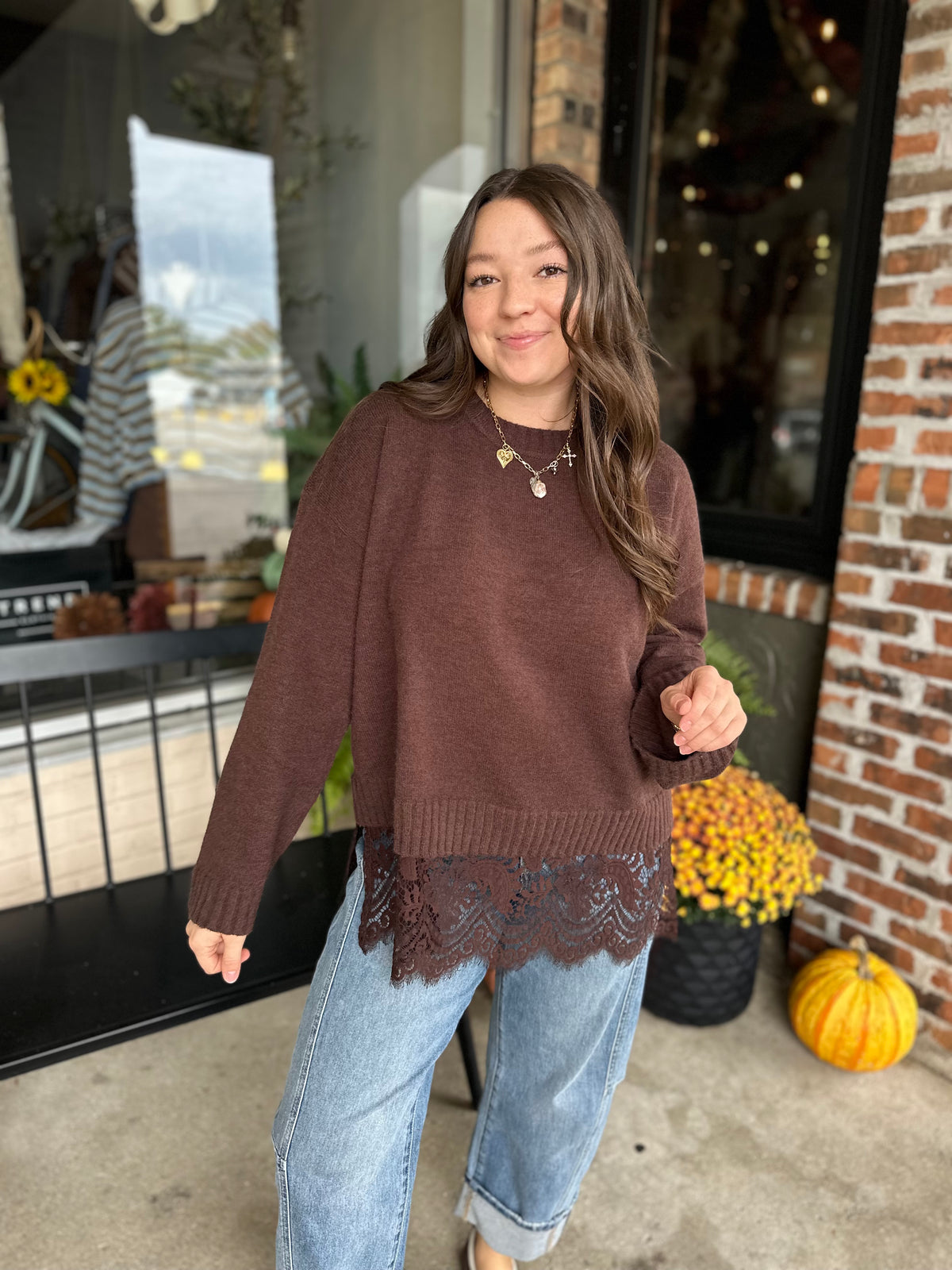 Brown Lace Trimmed Sweater
