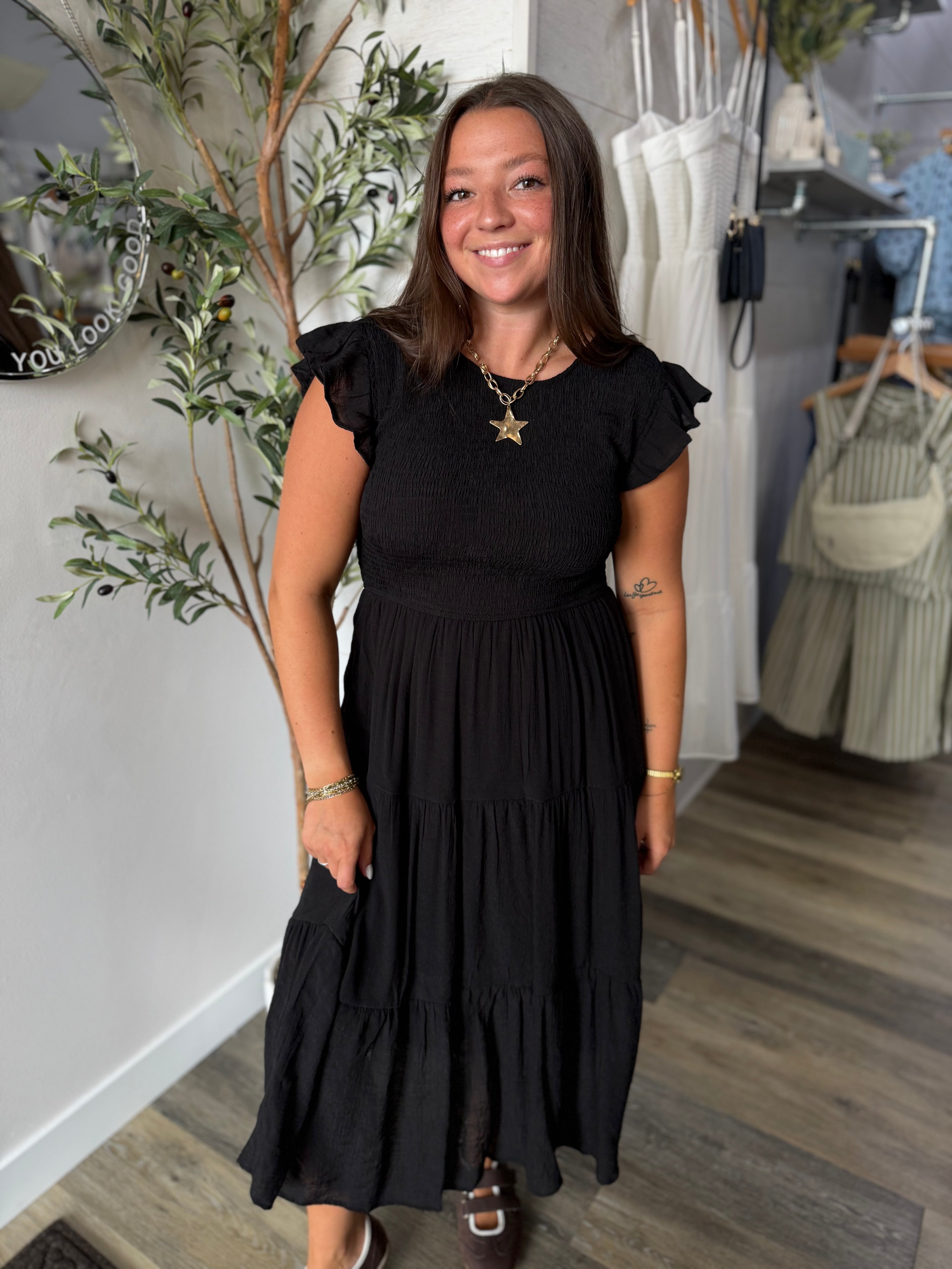 Black Smocked Midi Dress
