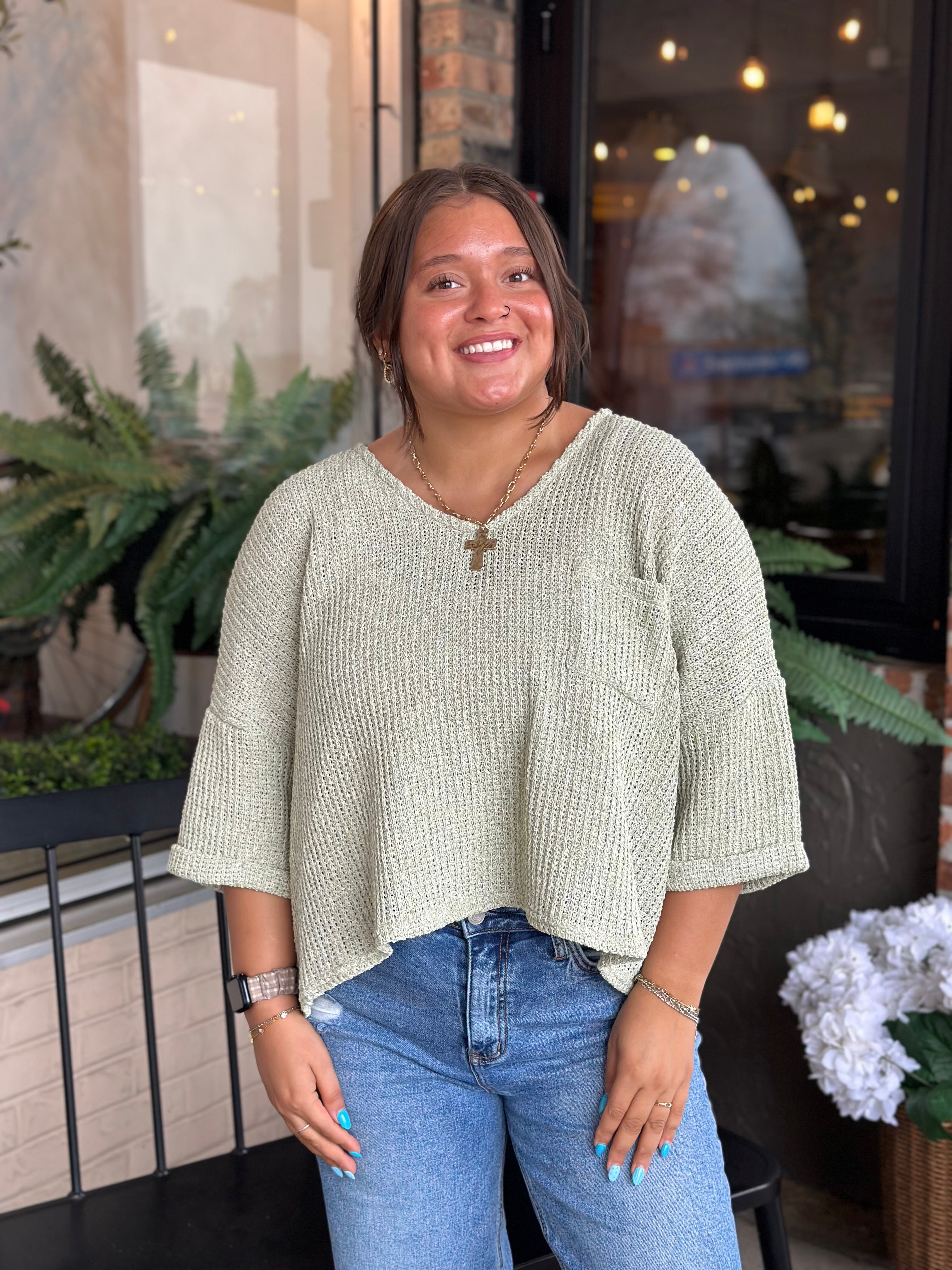 Sage Roll-Up Sleeve V-neck Top - FINAL SALE