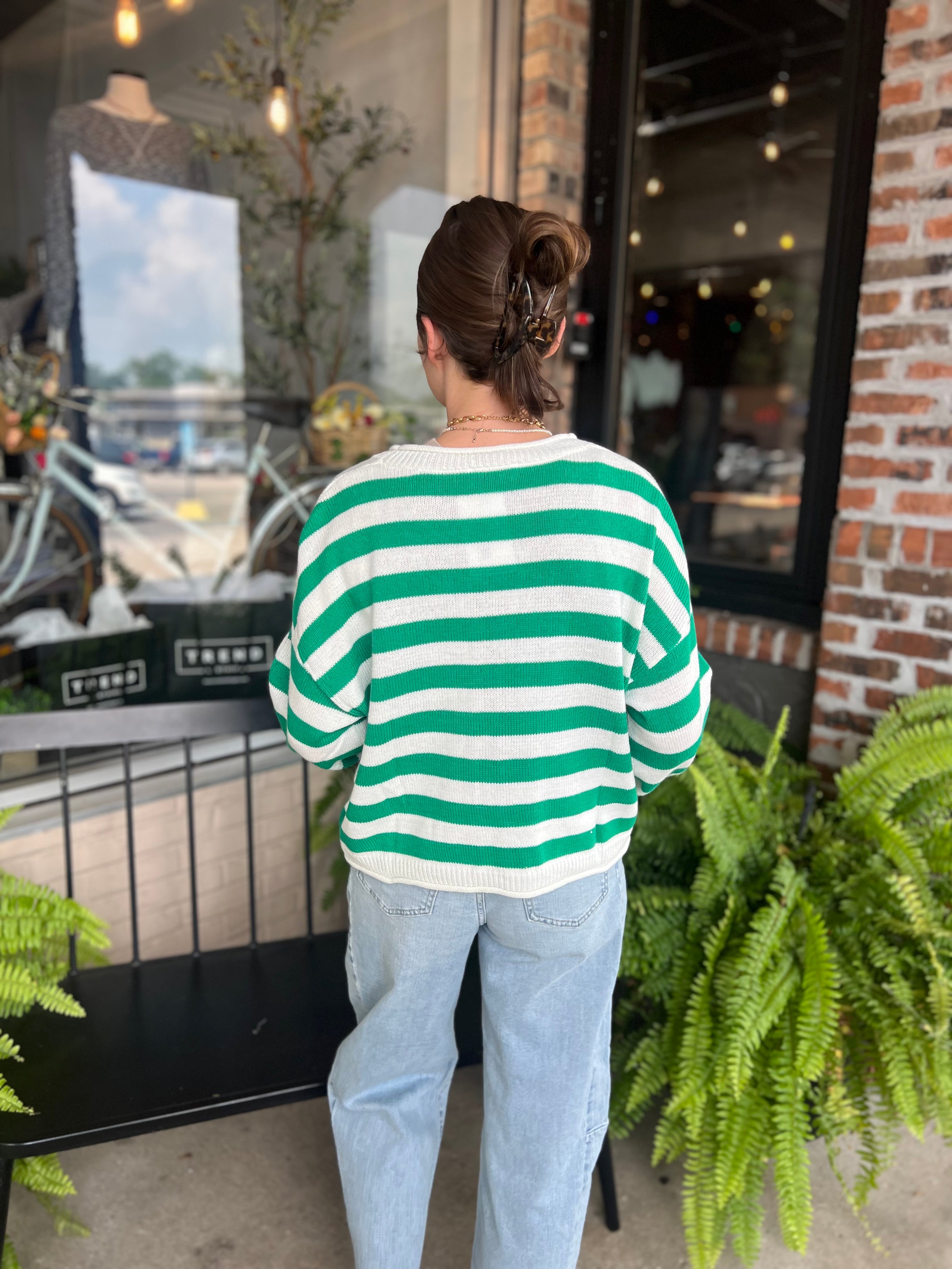 Green Button Front Stripped Sweater