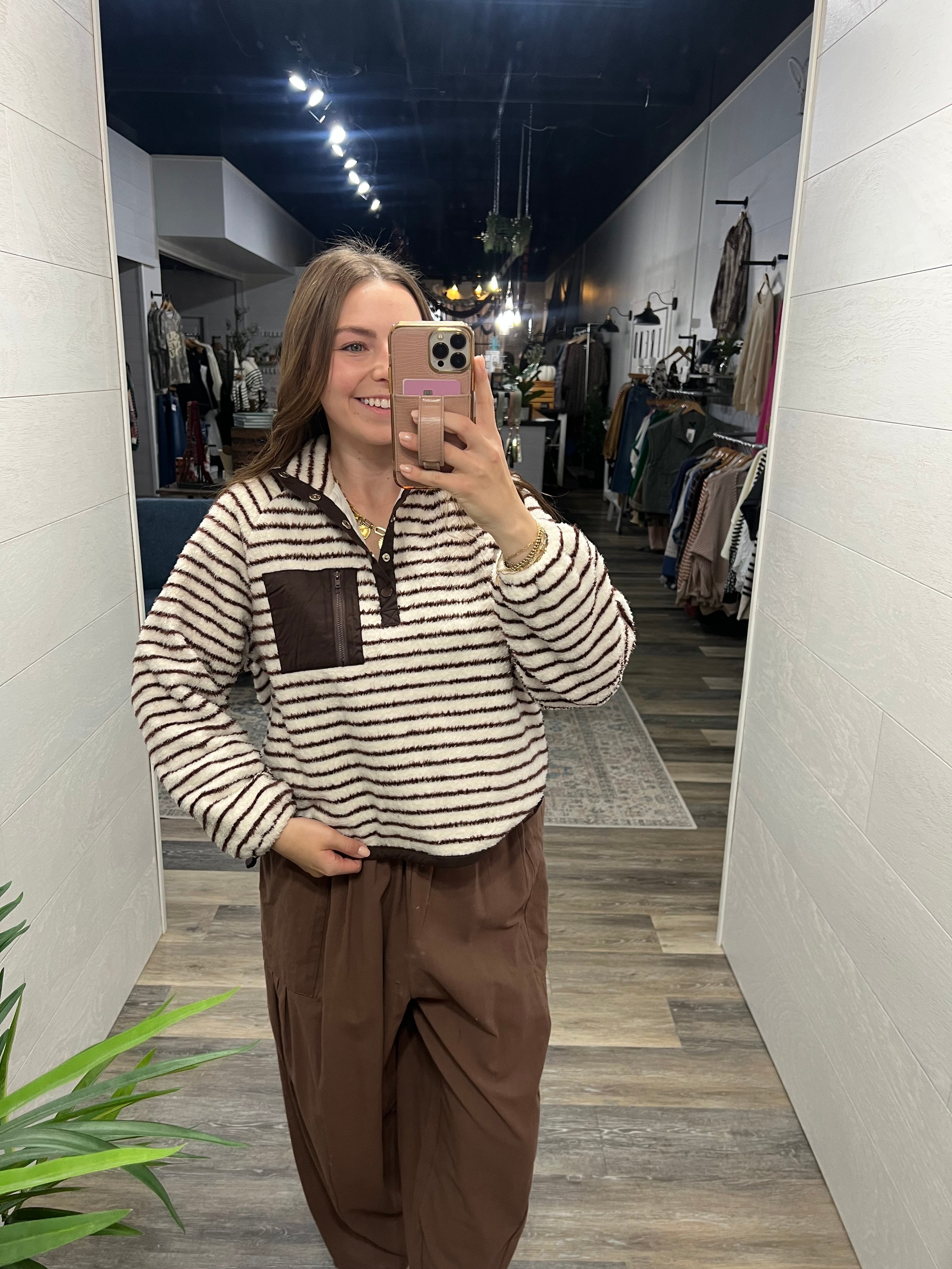 STRIPED MICROFIBER SNAP PULLOVER