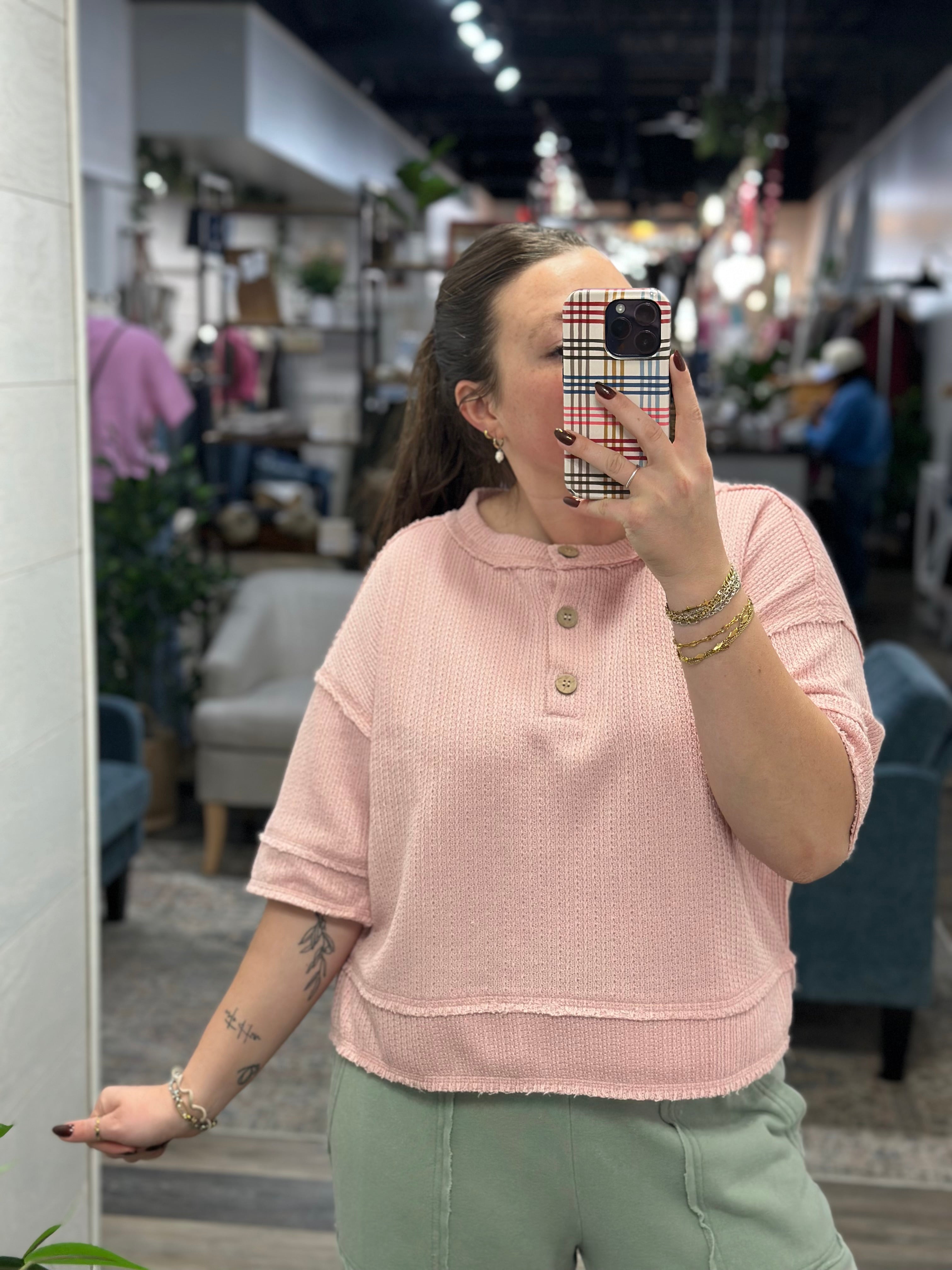 Pink Raw Edge Waffle Henley