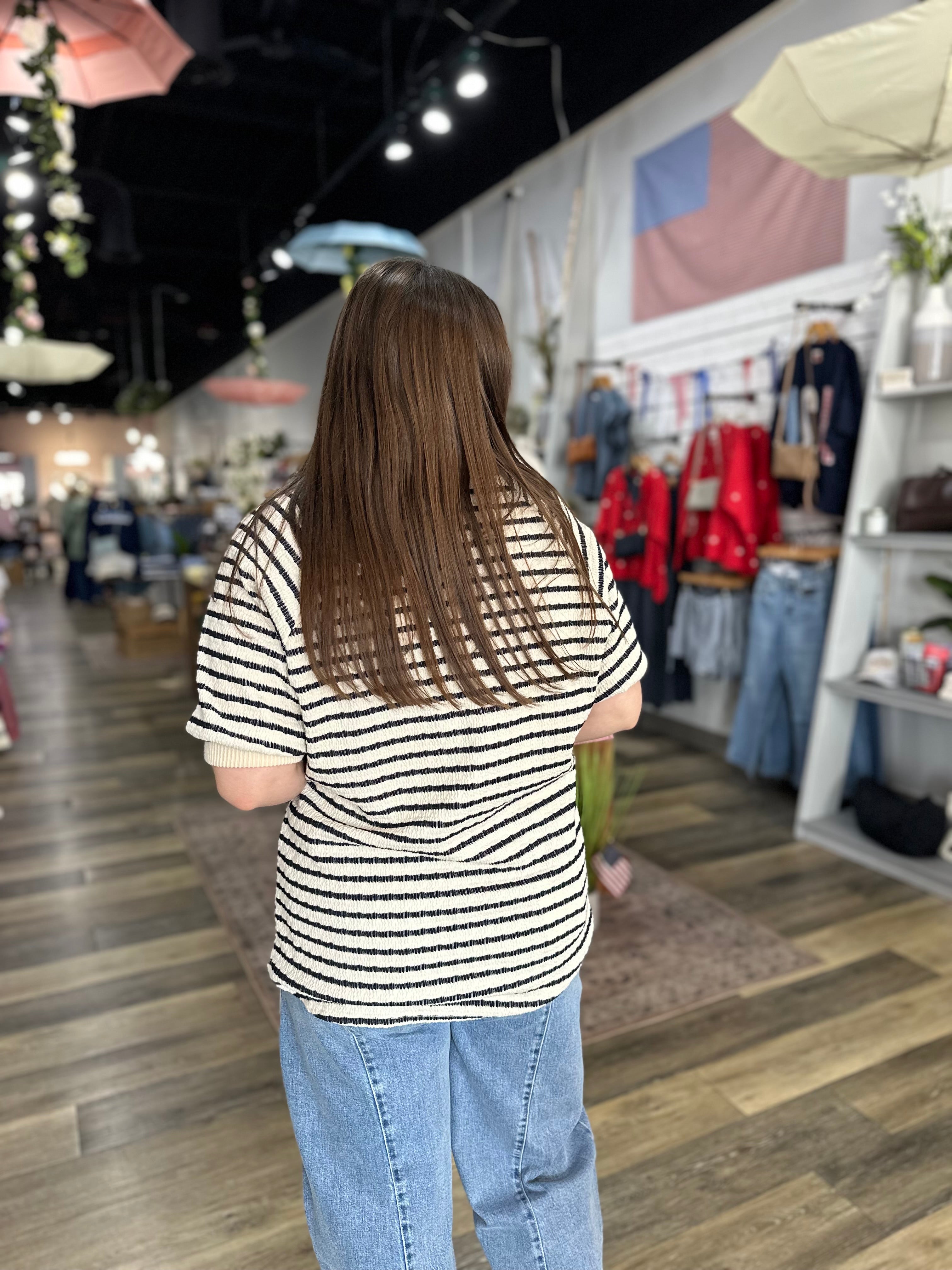 Navy Stripe V-Seam Top