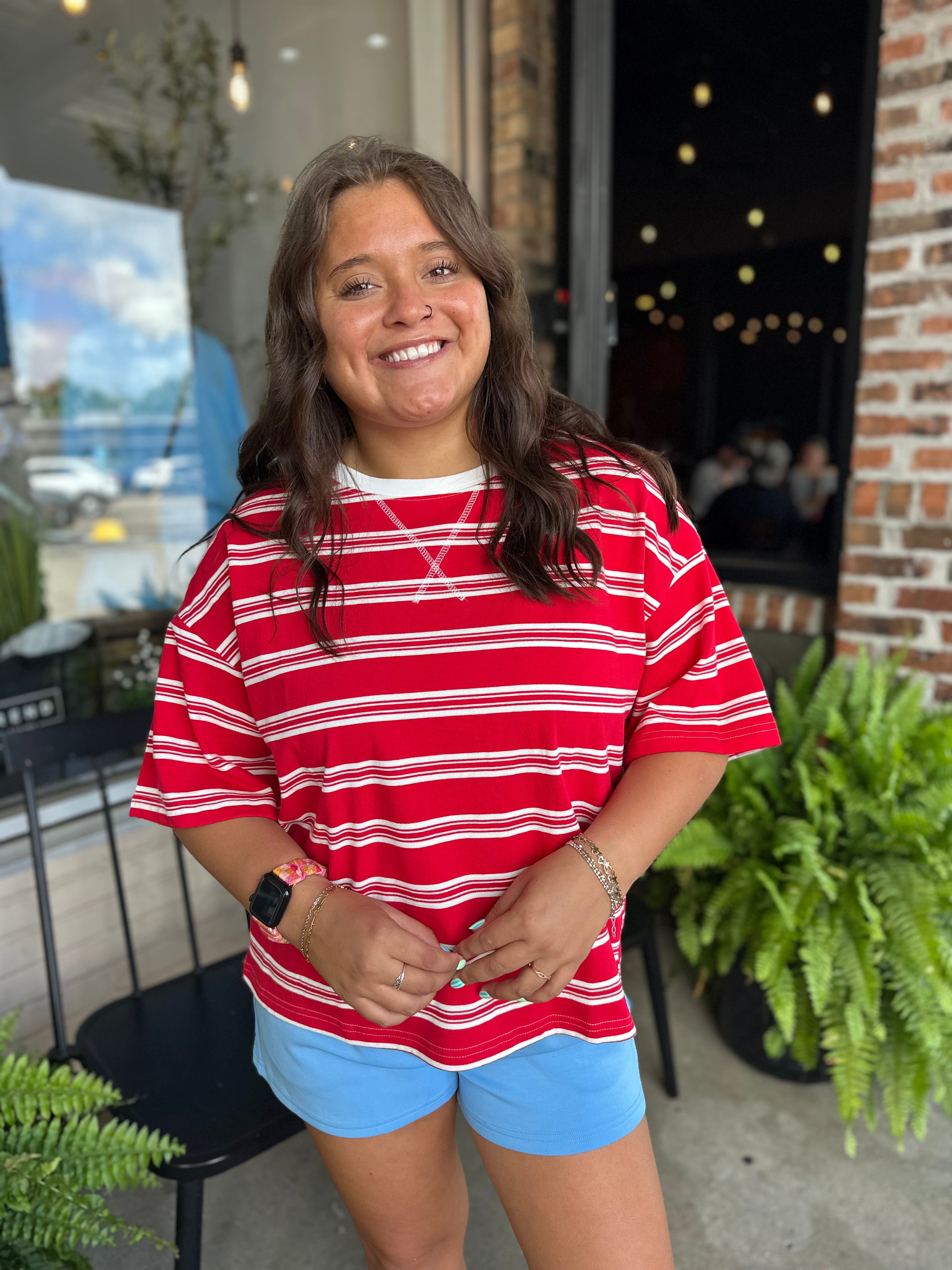 Red Americana Striped Oversized Tee
