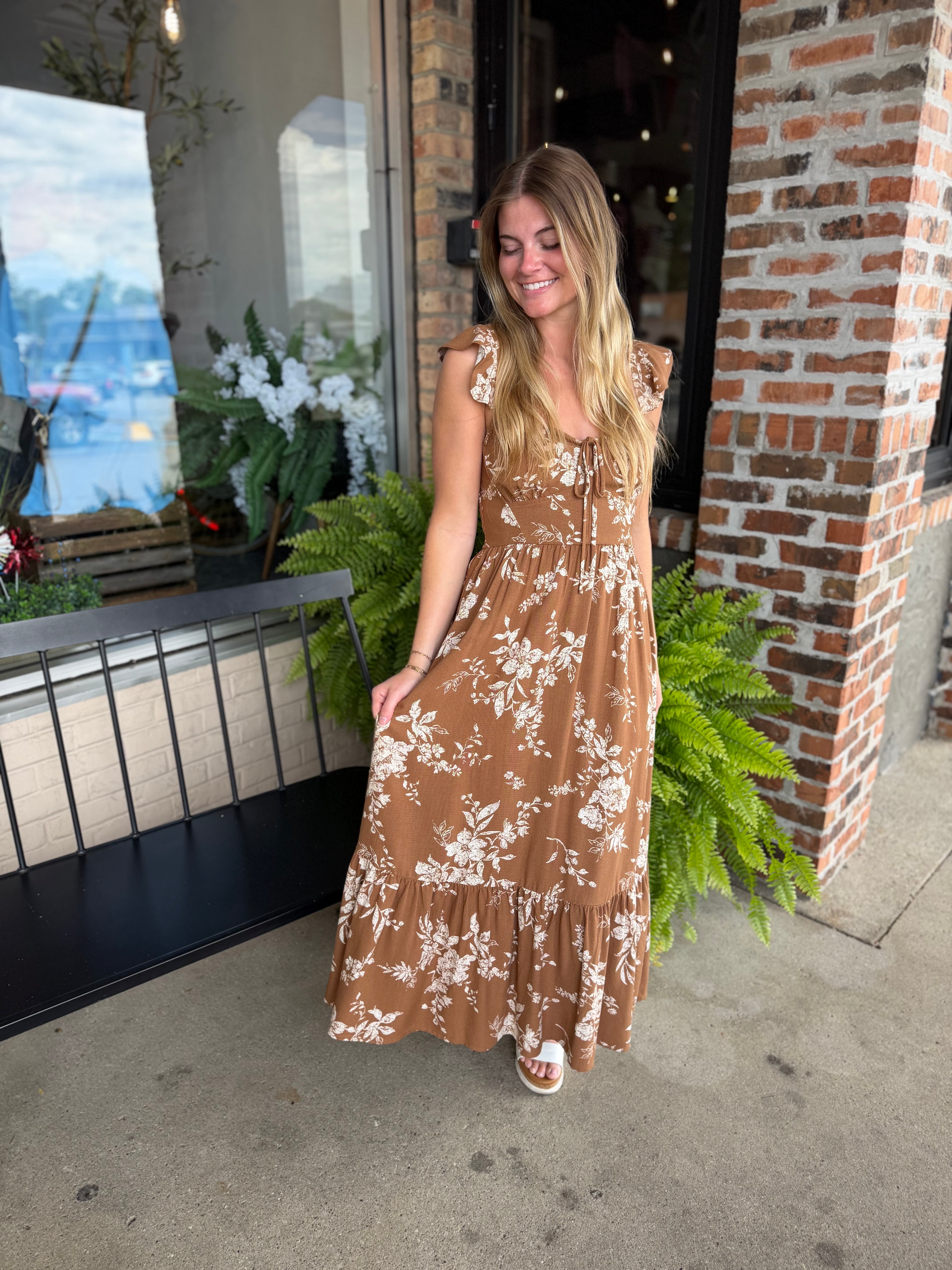 Brown Floral Midi Dress