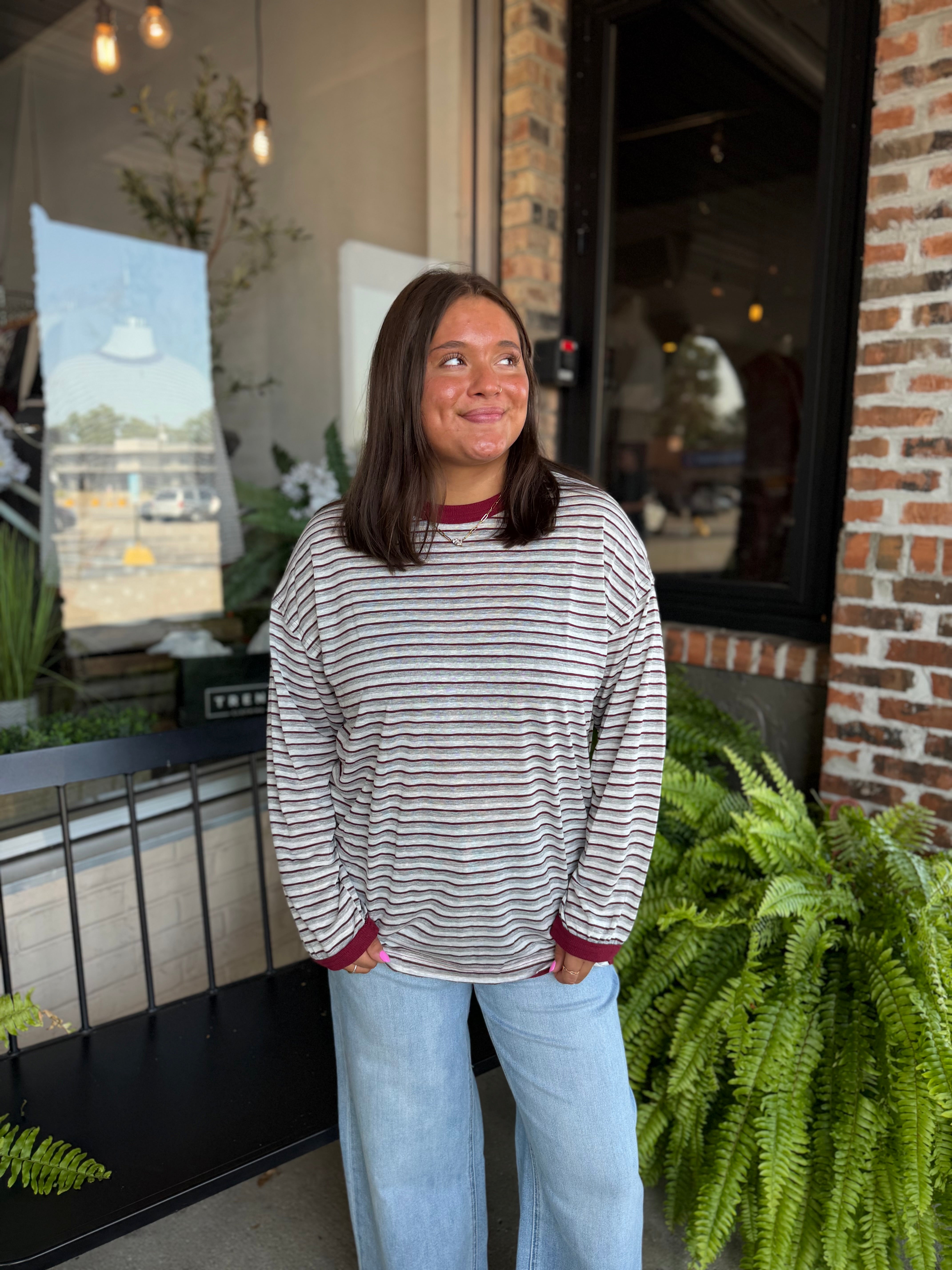 Burgundy Striped Jersey Long Sleeve Top