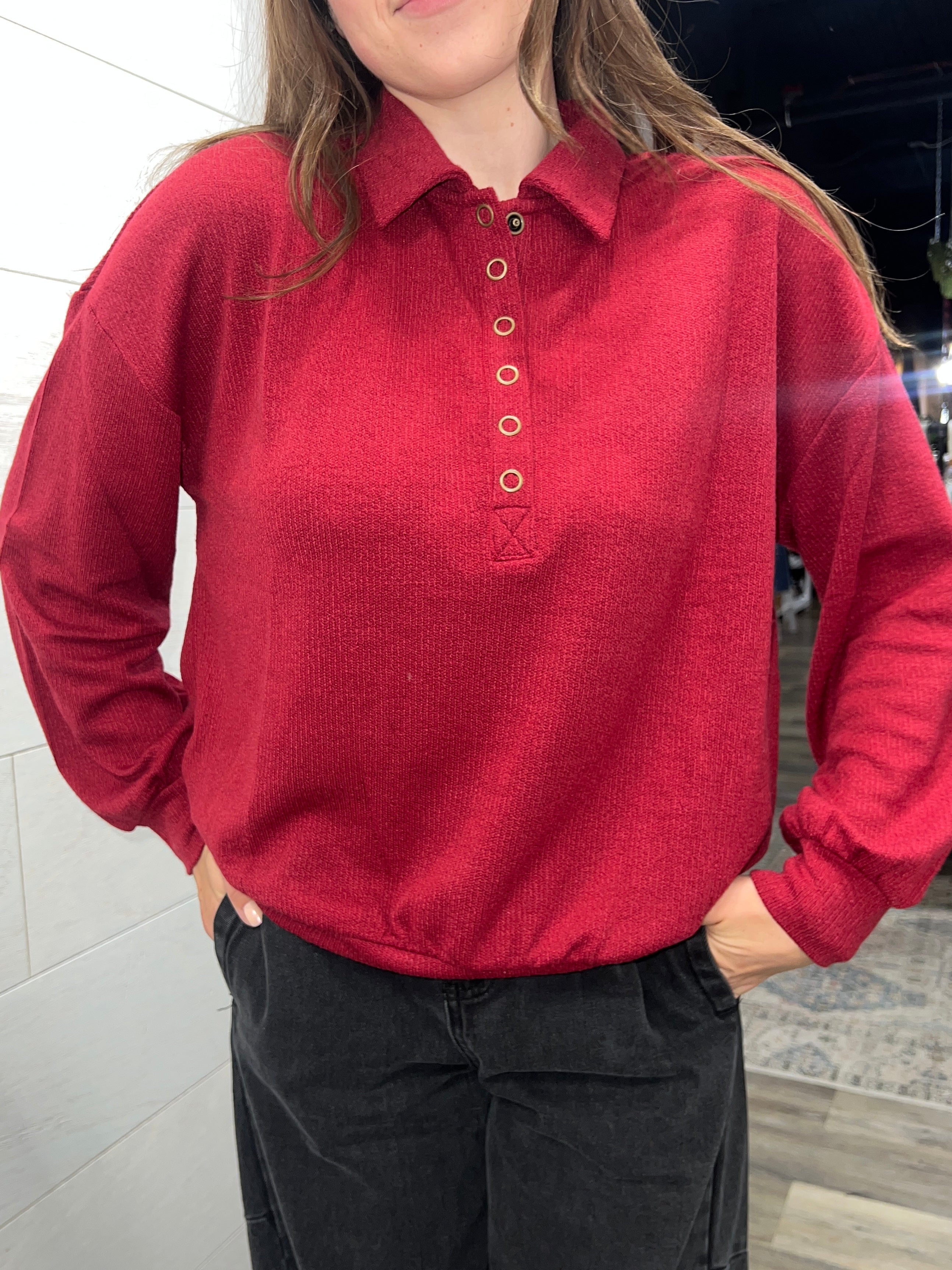 Red Half Snap Collared Top