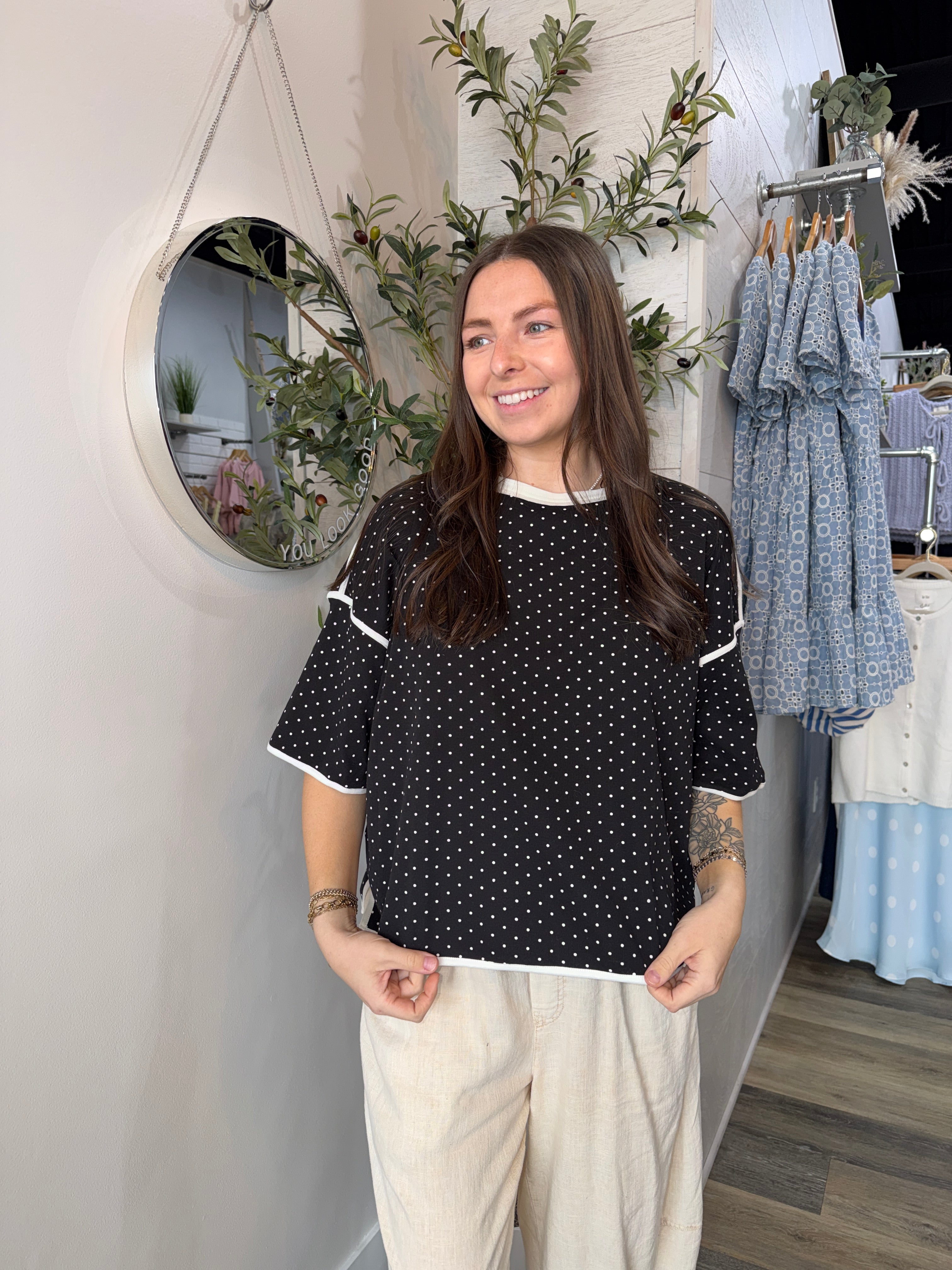 Black Polka Dot Contrast Trim Top - FINAL SALE