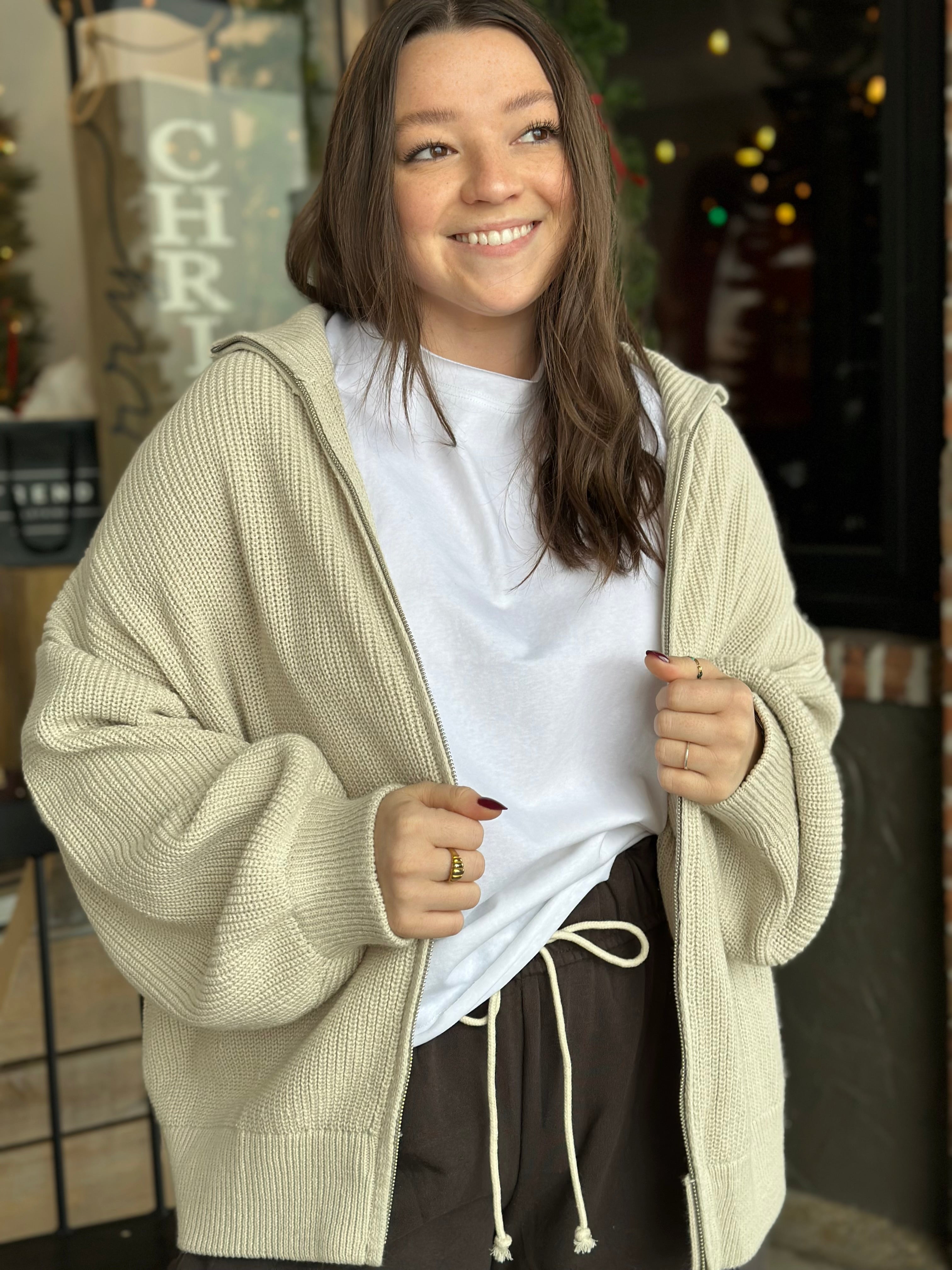 Taupe Zip Up Sweater Cardigan