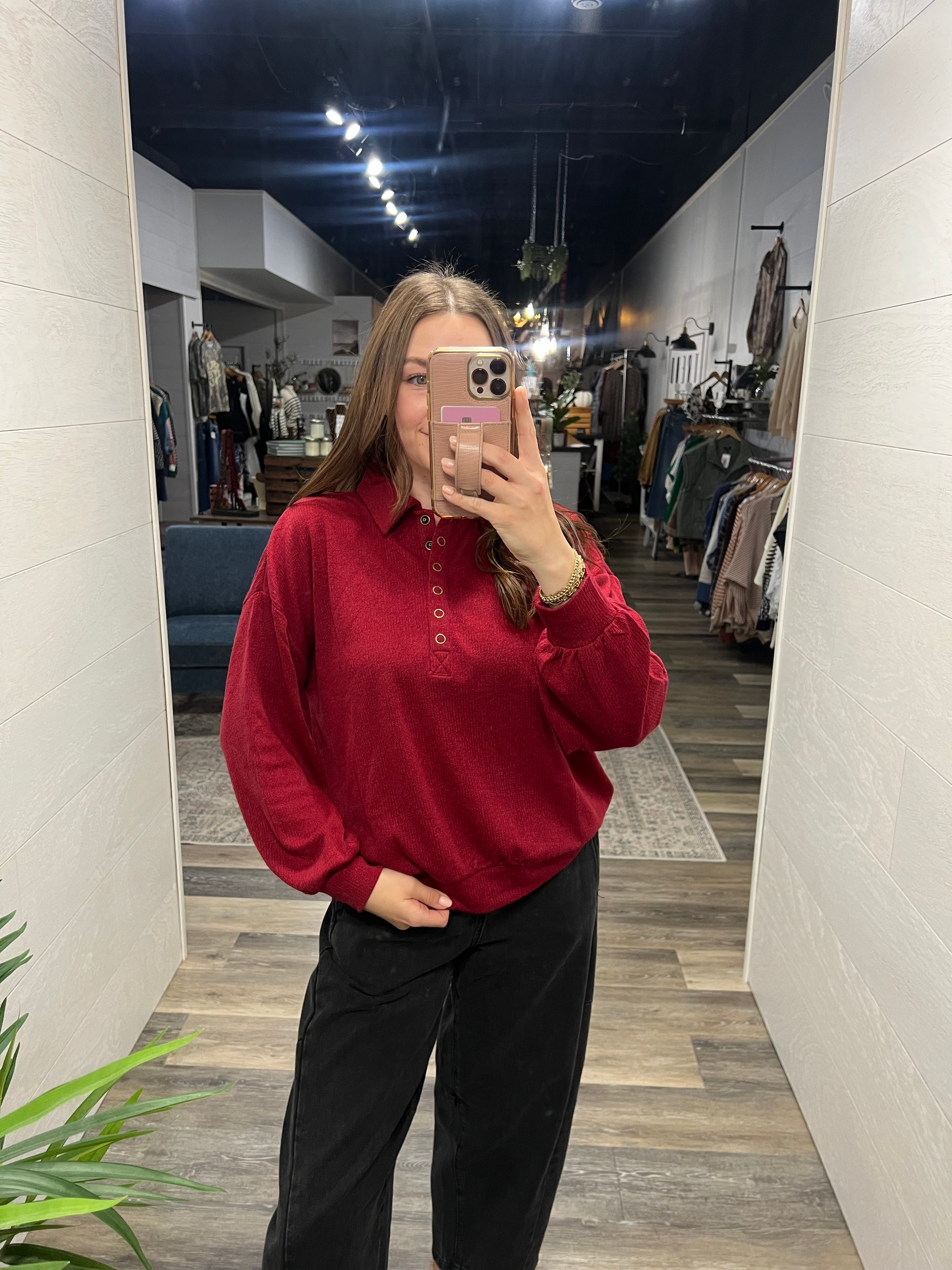 Red Half Snap Collared Top