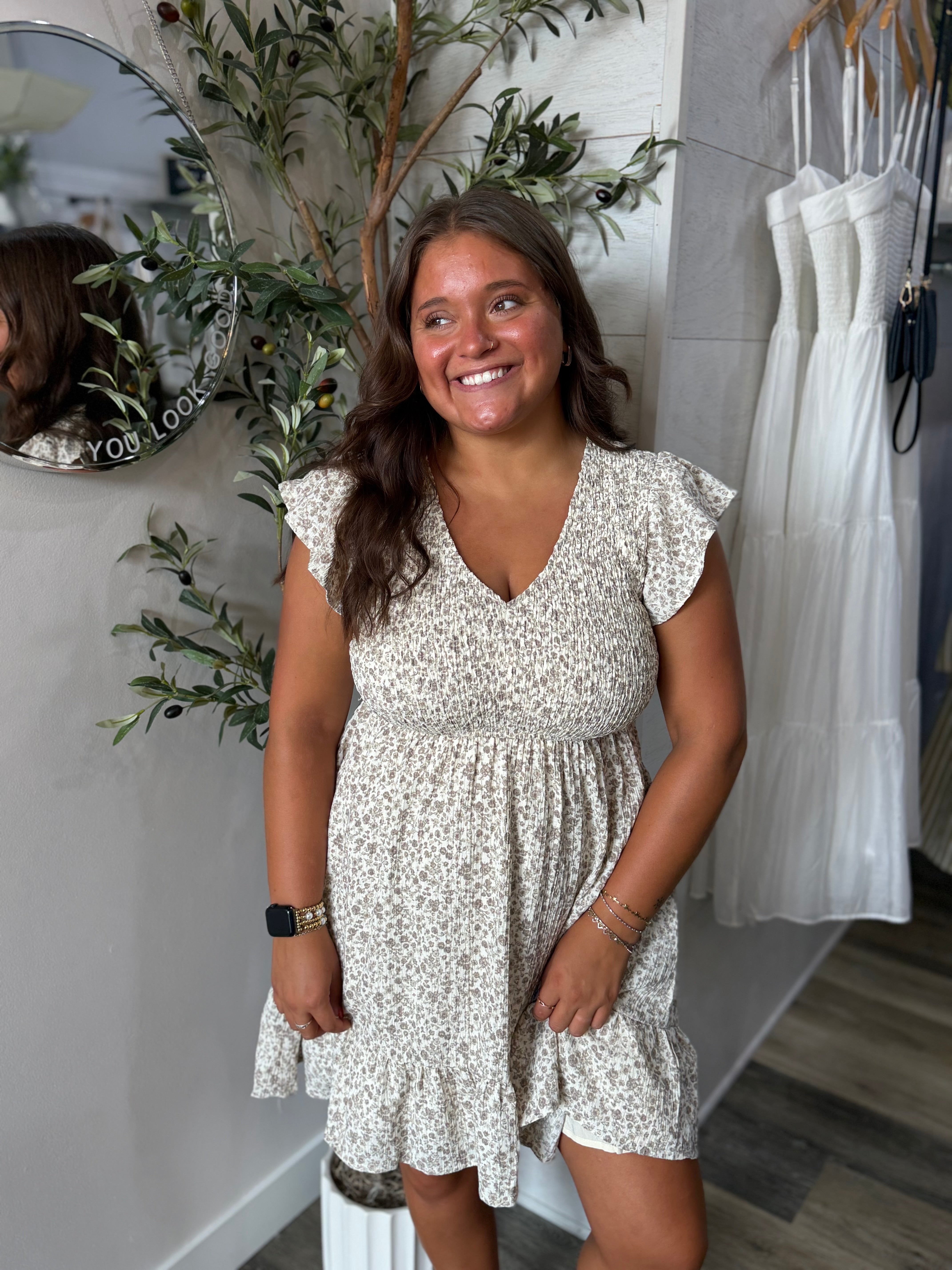 Taupe Smocked Babydoll Dress