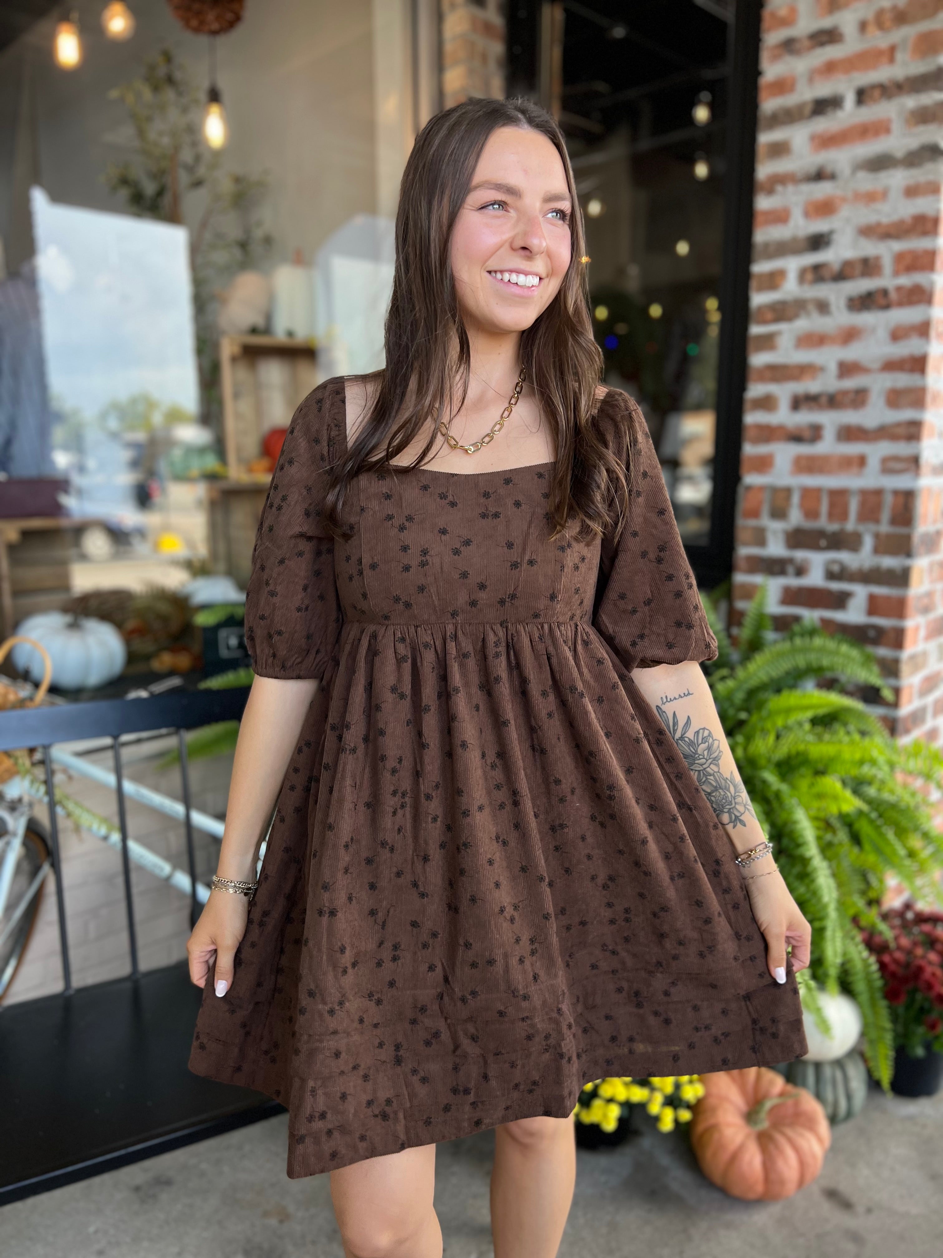 Mocha Floral Corduroy Mini Dress