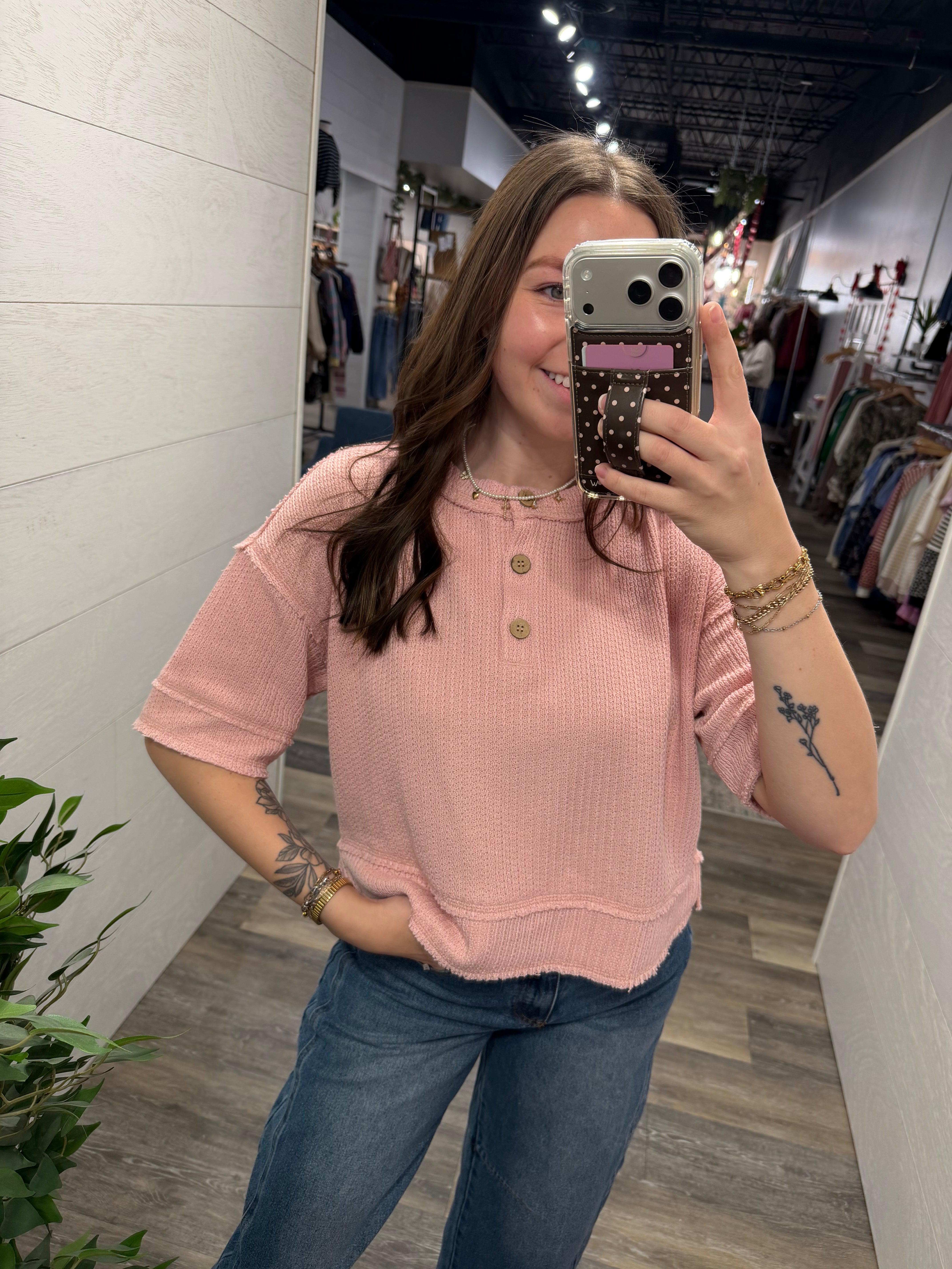 Pink Raw Edge Waffle Henley