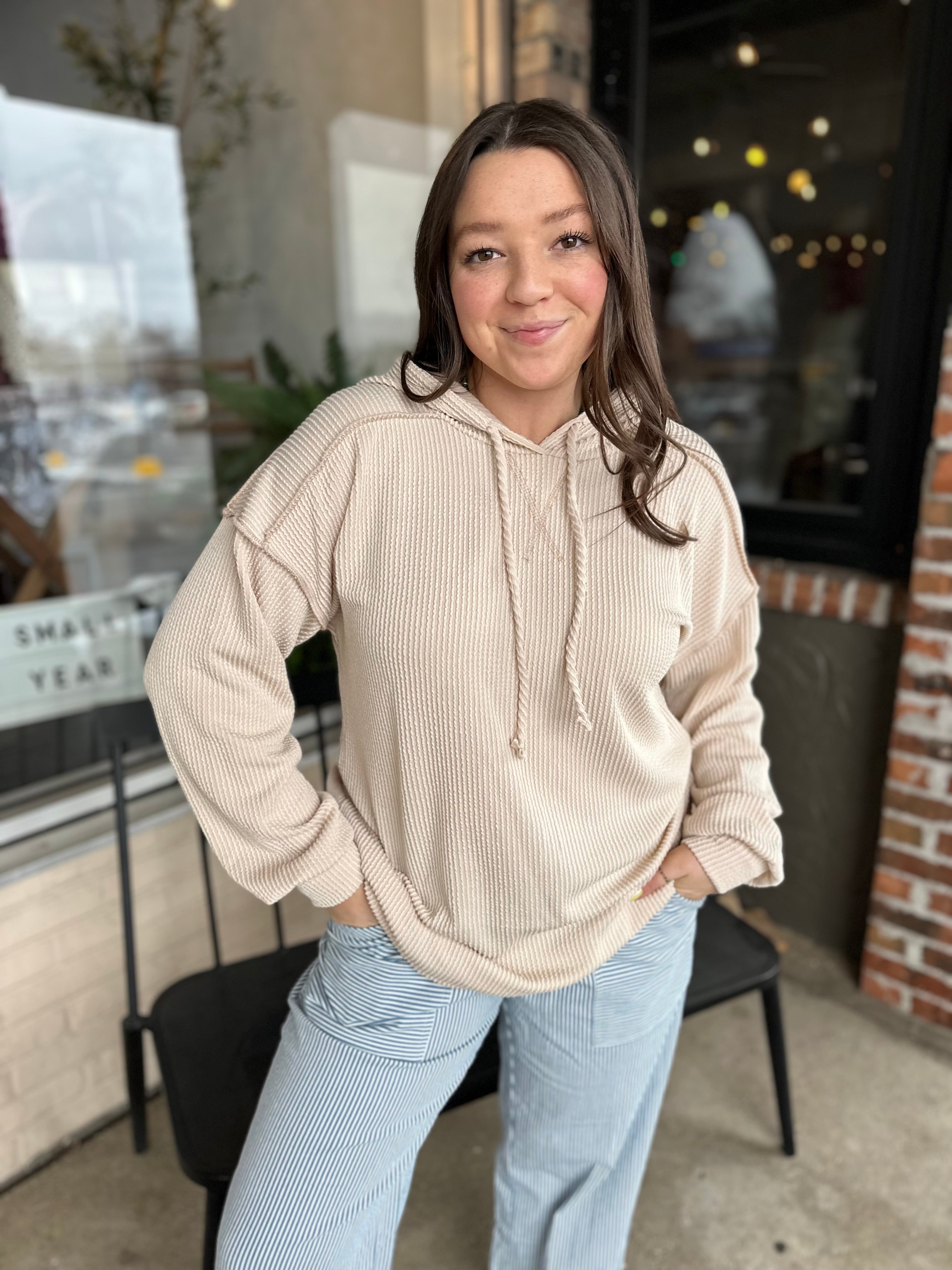 Cream Urban Ribbed Hoodie