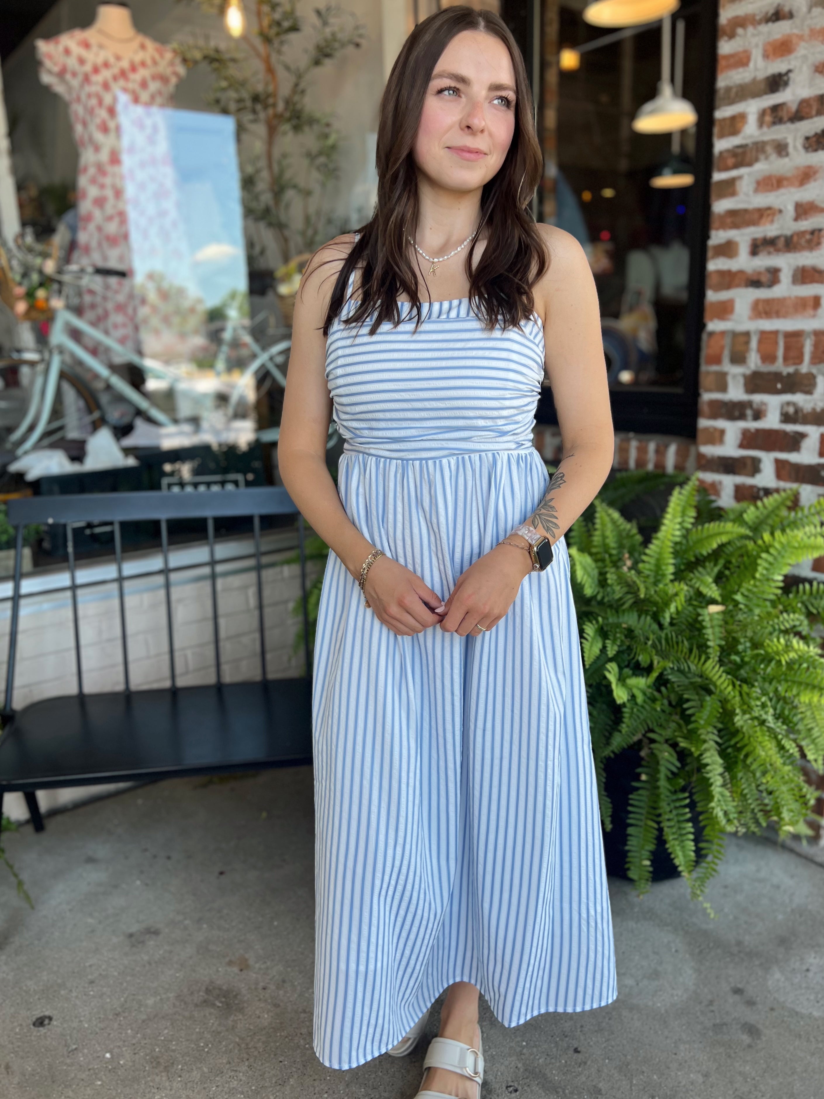 Blue Ruched Stripe Midi Dress
