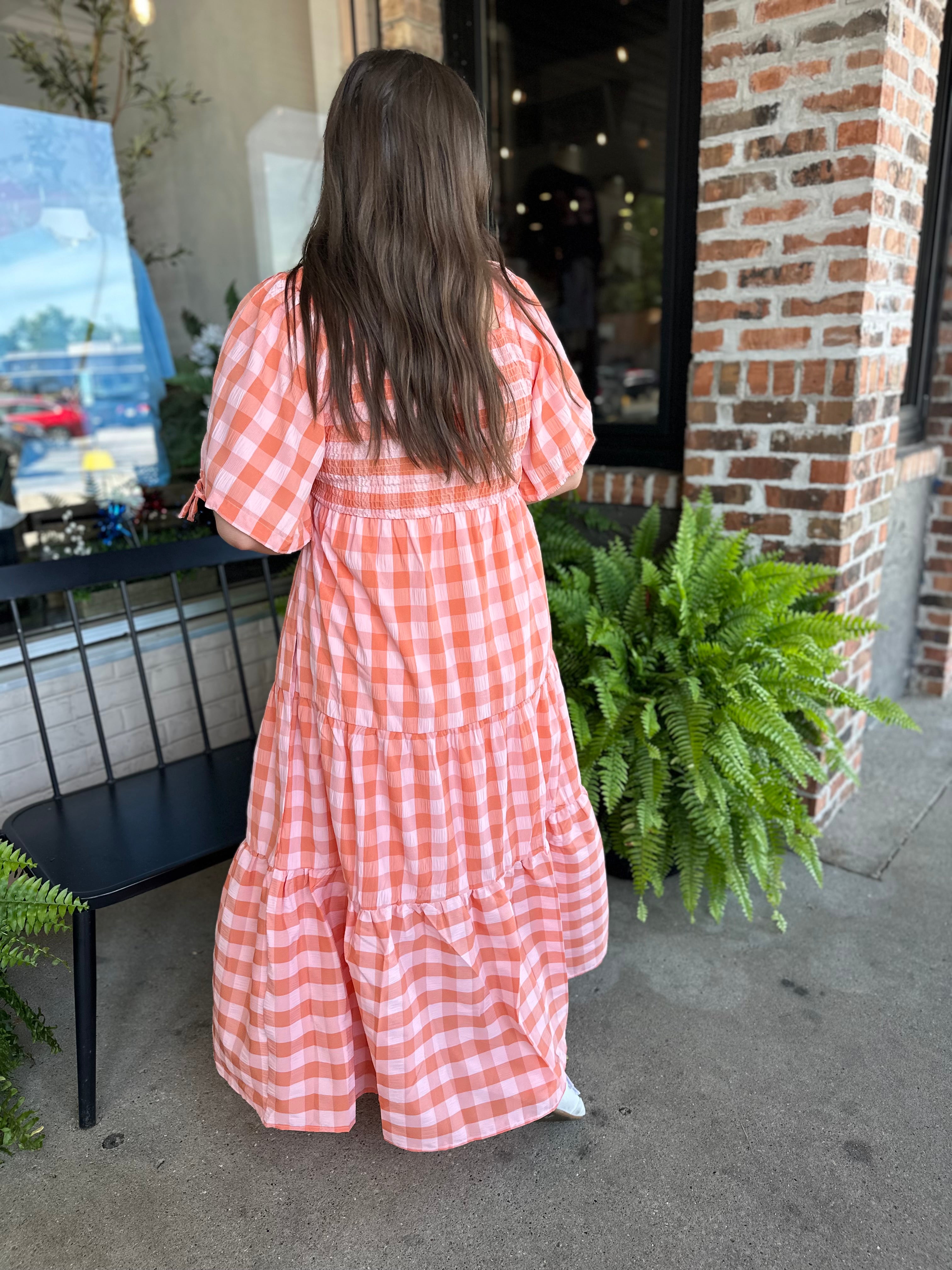 Salmon Gingham Tiered Maxi Dress