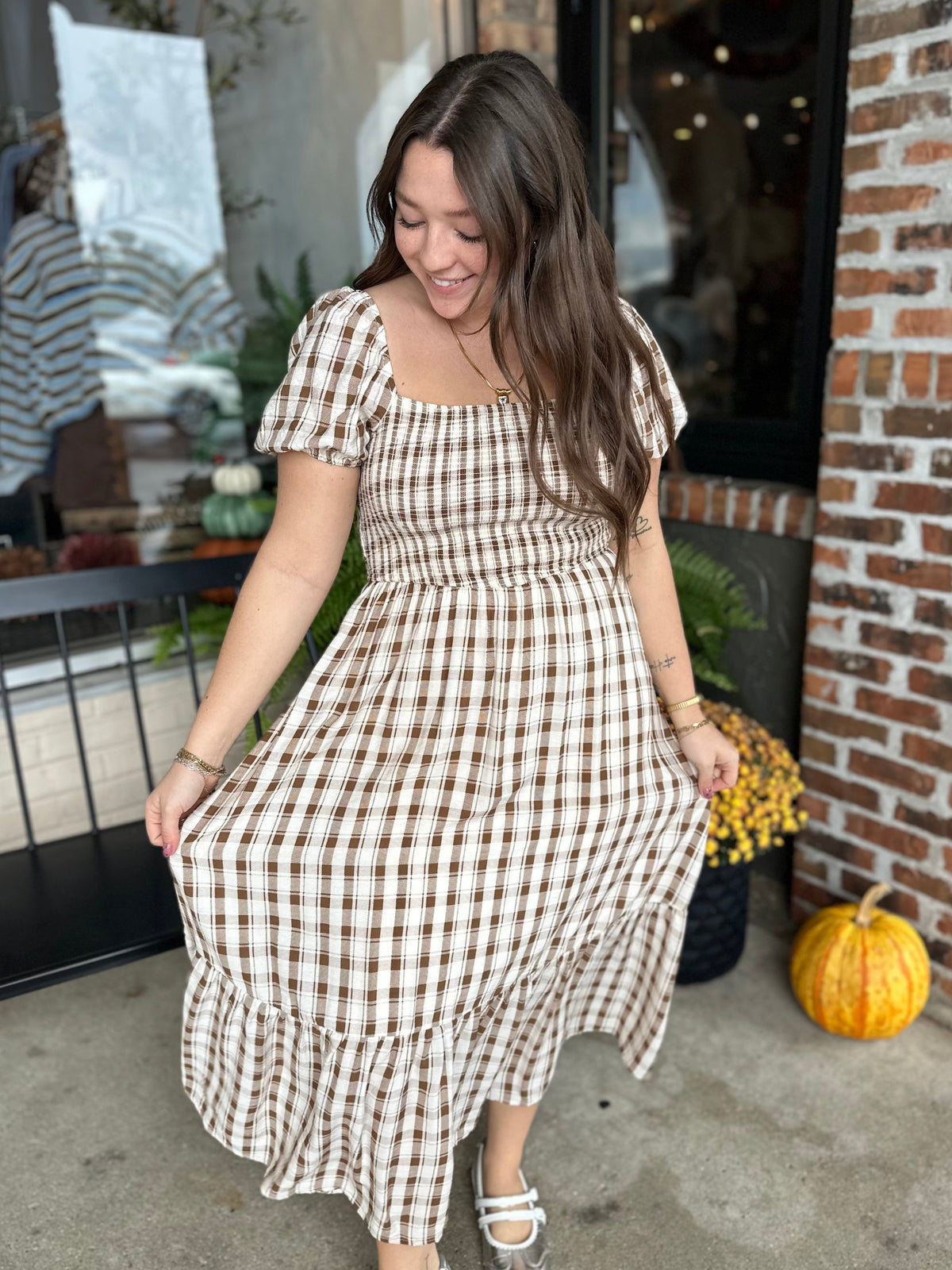 Cream Plaid Midi Dress