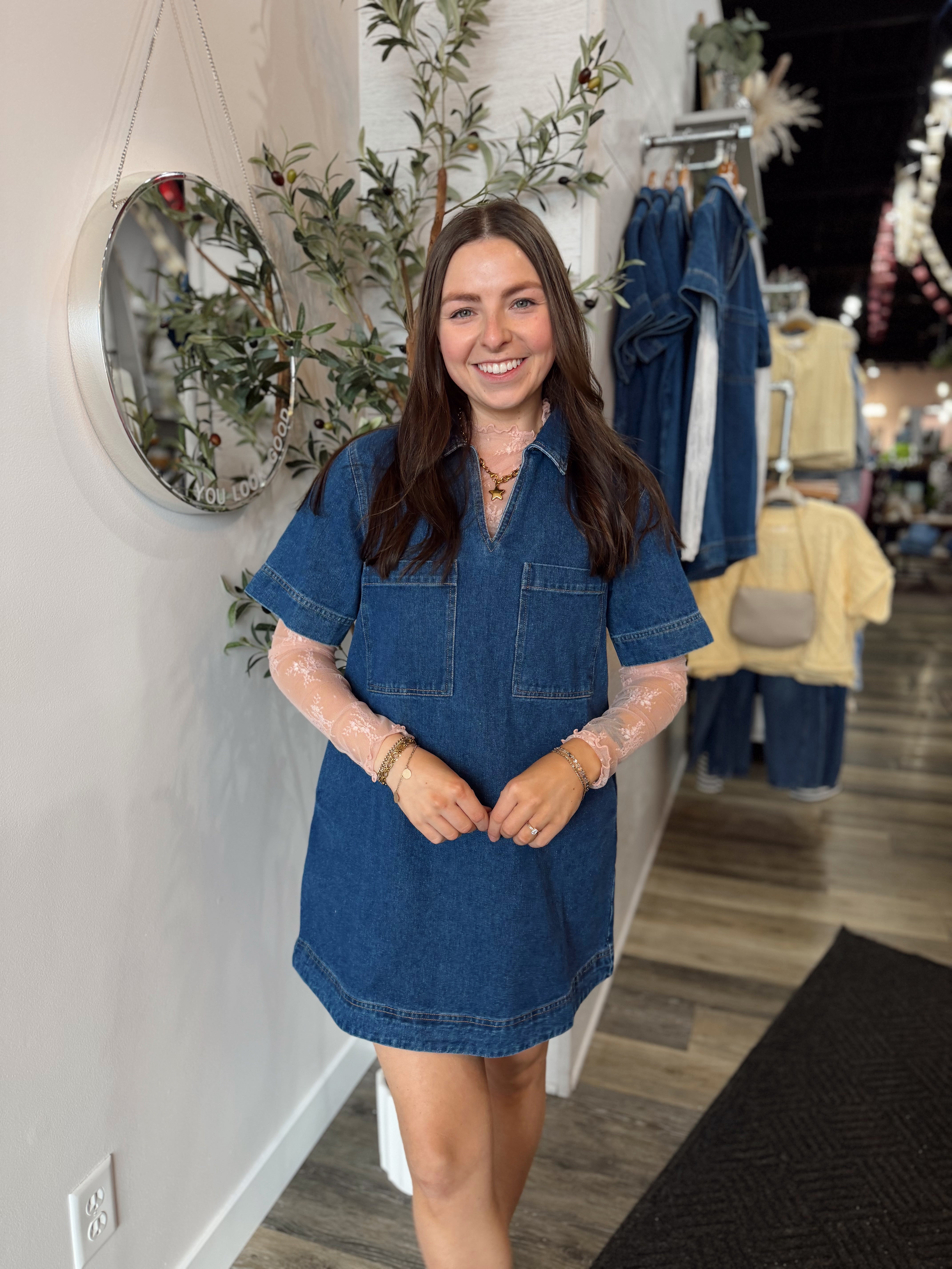 Denim V Neck Mini Dress
