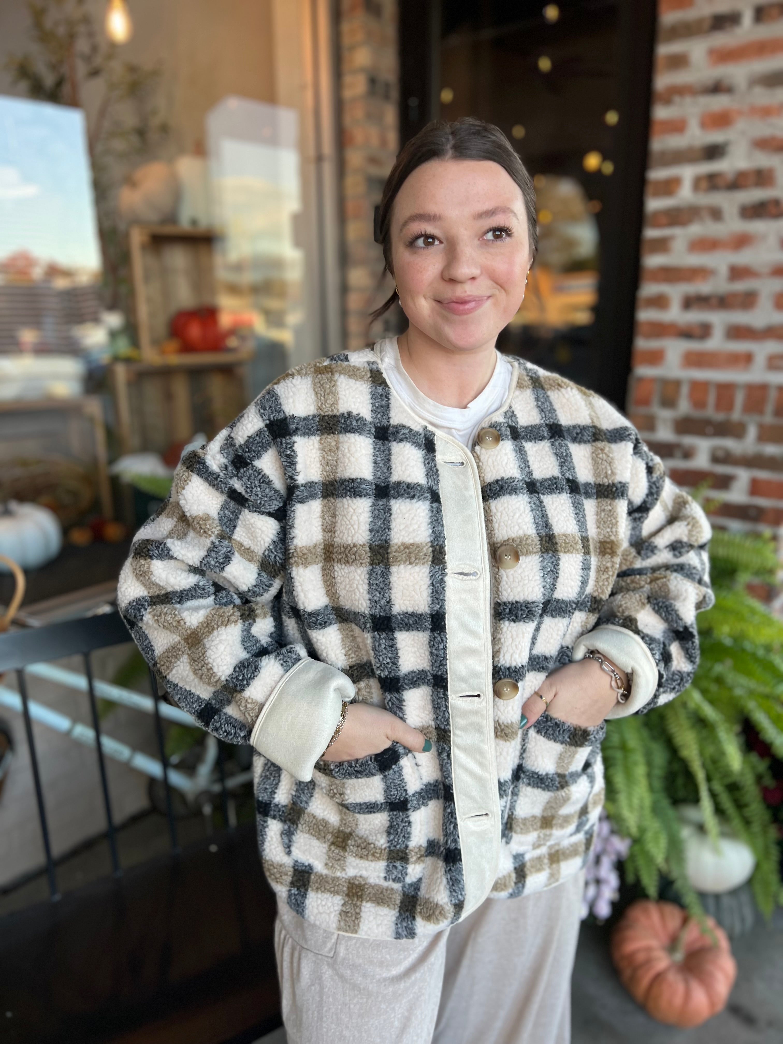 Cream Plaid Teddy Jacket