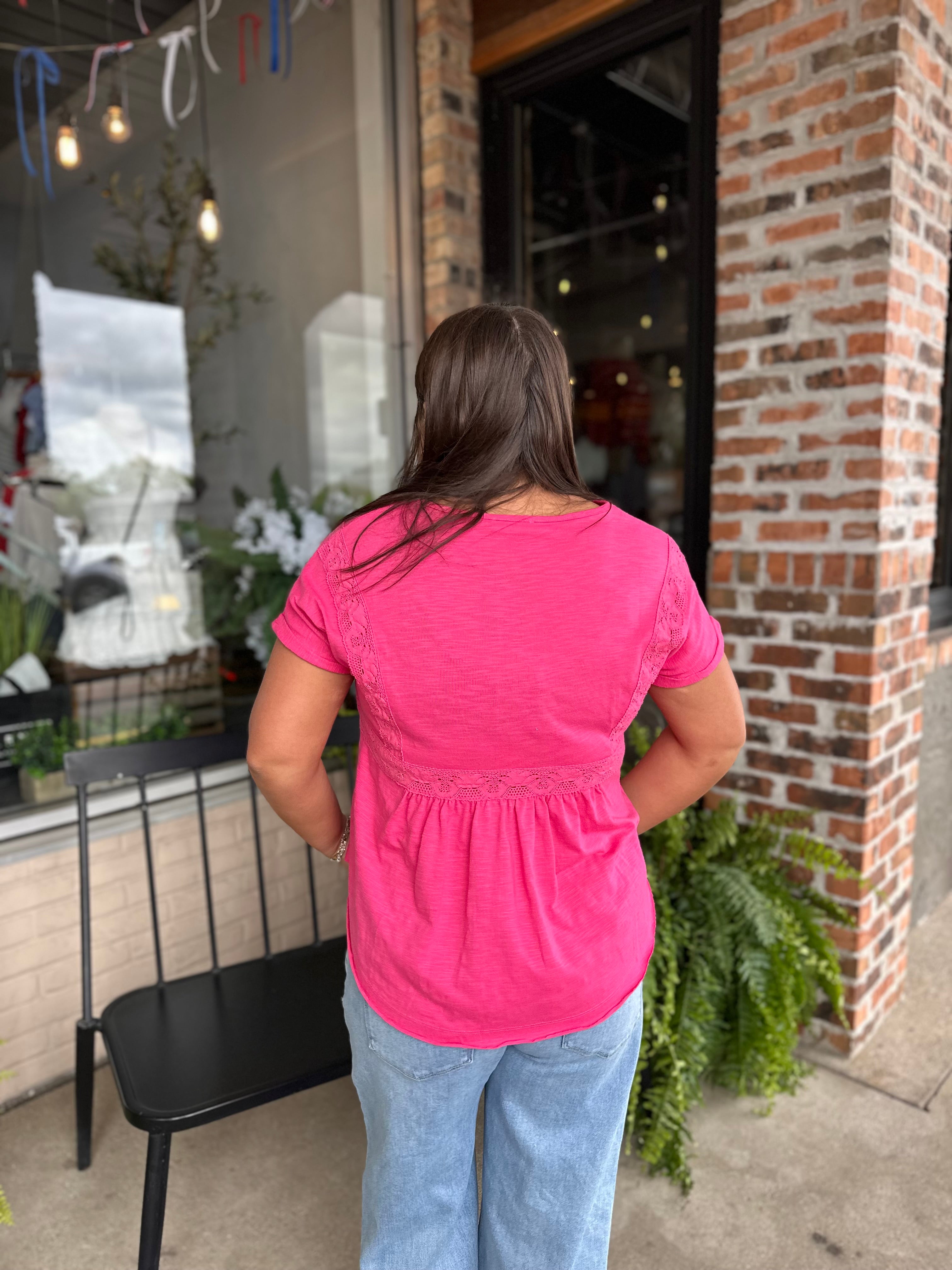 Hot Pink Lace Accent Henley Tee
