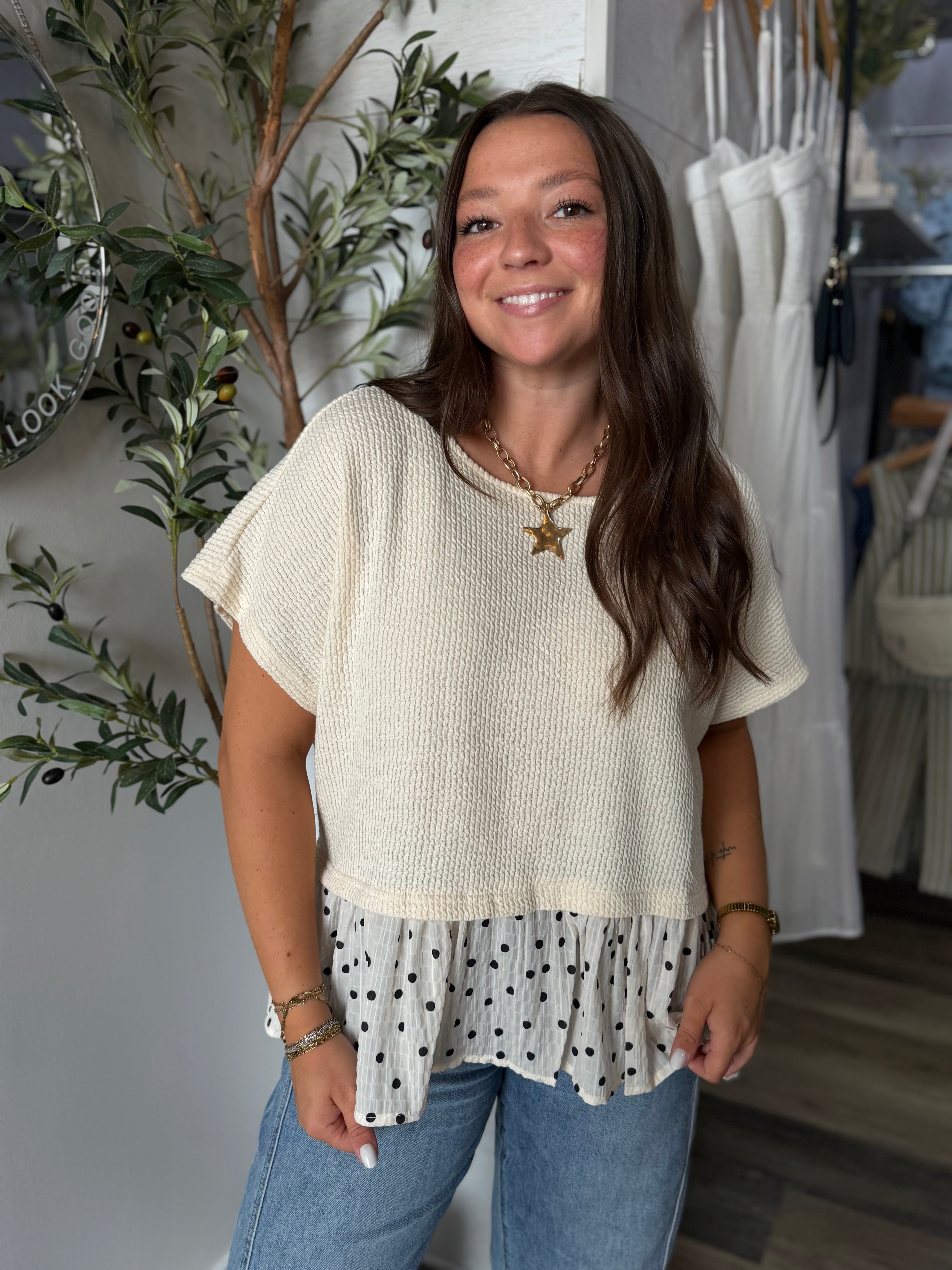 Cream Polka Dot Ruffle Hem Top