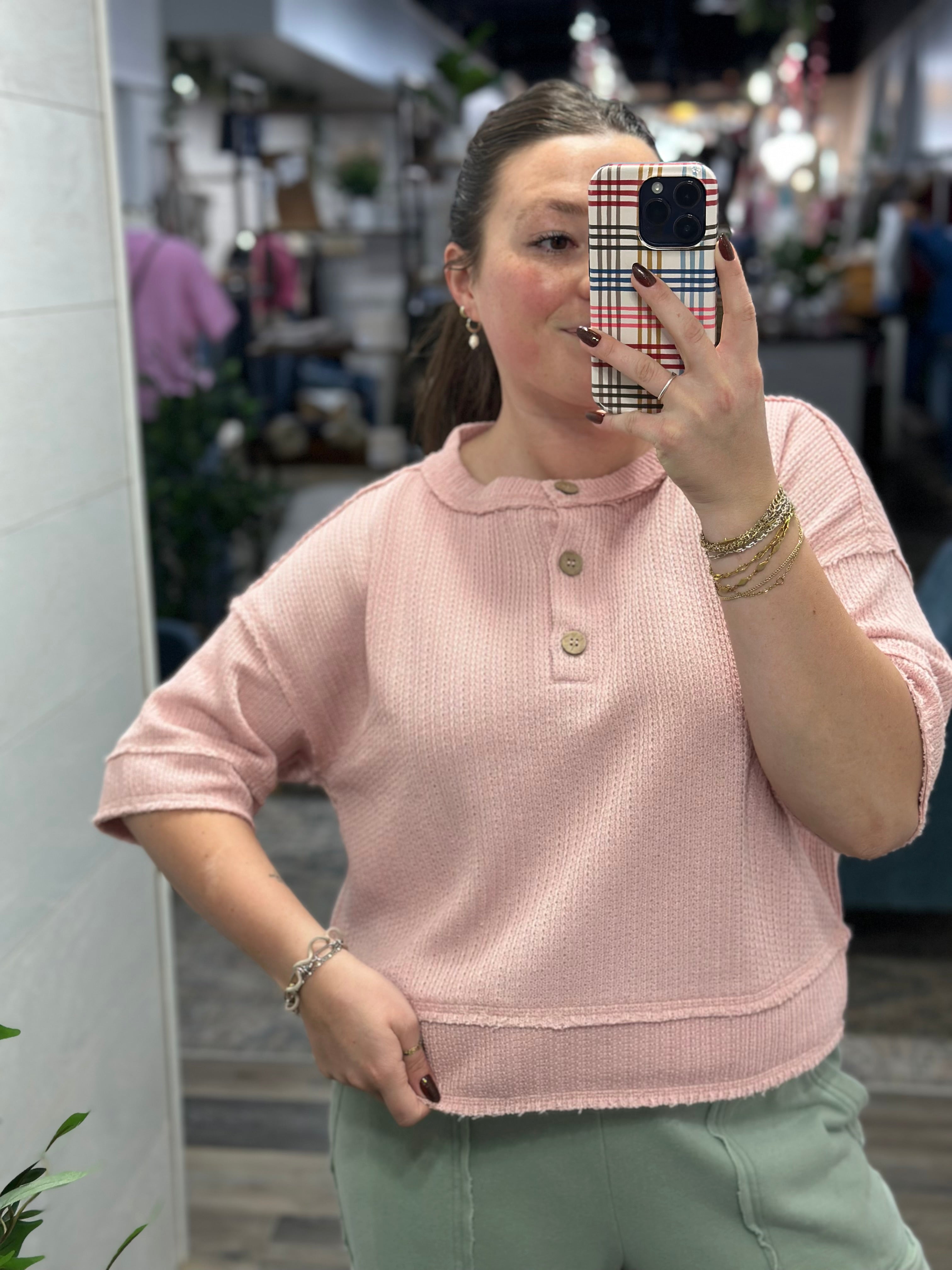 Pink Raw Edge Waffle Henley