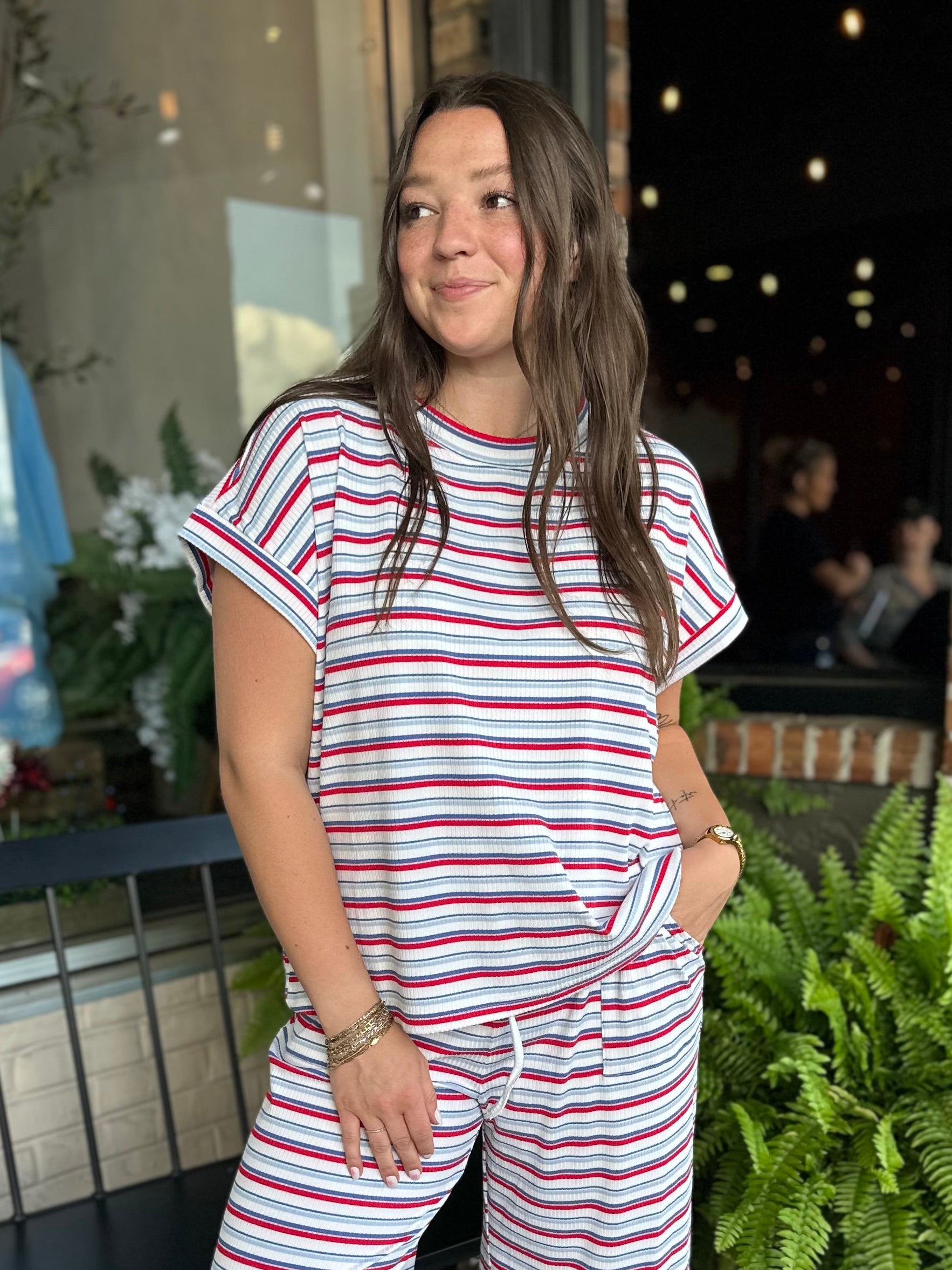 Red and Blue Ribbed Striped Pants